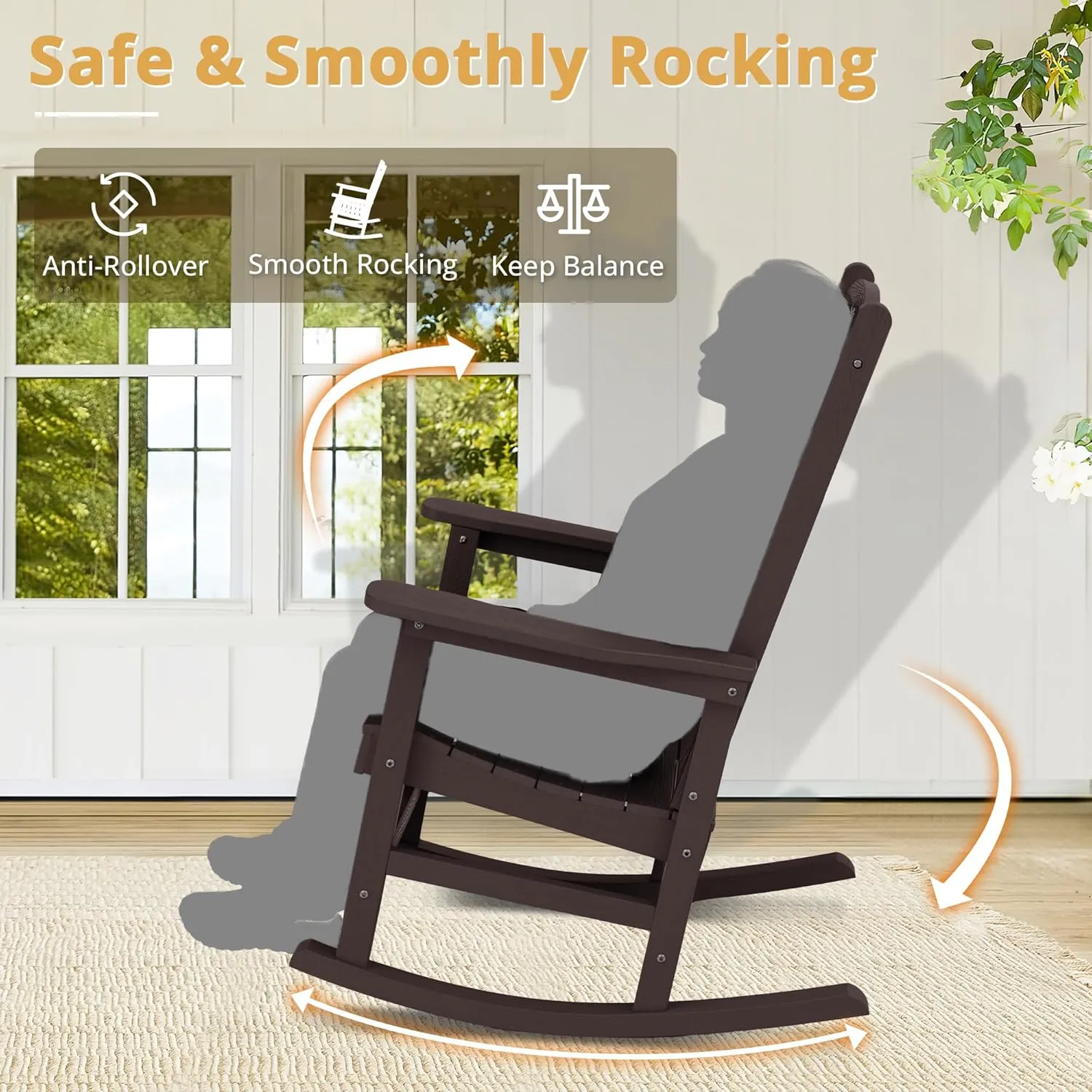 LUE BONA Outdoor Rocking Chairs Set of 3, 2 Chairs & 1 Table HDPS Poly Rocking Chair, All Weather Resistant, Heavy Duty Rocker Chair for Patio, Lawn, Garden, 300LBS,Espresso