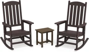 LUE BONA Outdoor Rocking Chairs Set of 3, 2 Chairs & 1 Table HDPS Poly Rocking Chair, All Weather Resistant, Heavy Duty Rocker Chair for Patio, Lawn, Garden, 300LBS,Espresso
