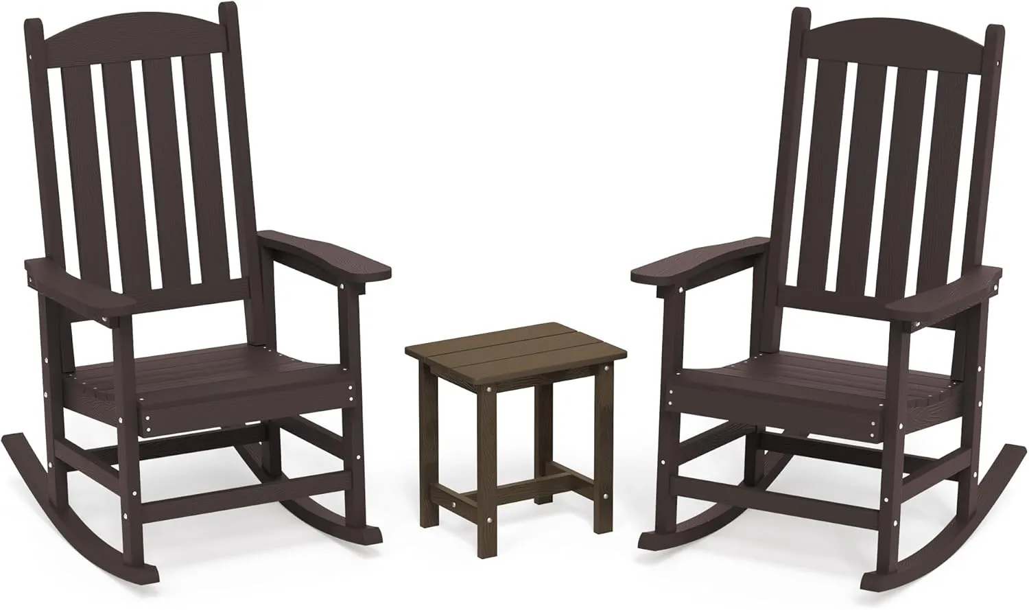LUE BONA Outdoor Rocking Chairs Set of 3, 2 Chairs & 1 Table HDPS Poly Rocking Chair, All Weather Resistant, Heavy Duty Rocker Chair for Patio, Lawn, Garden, 300LBS,Espresso