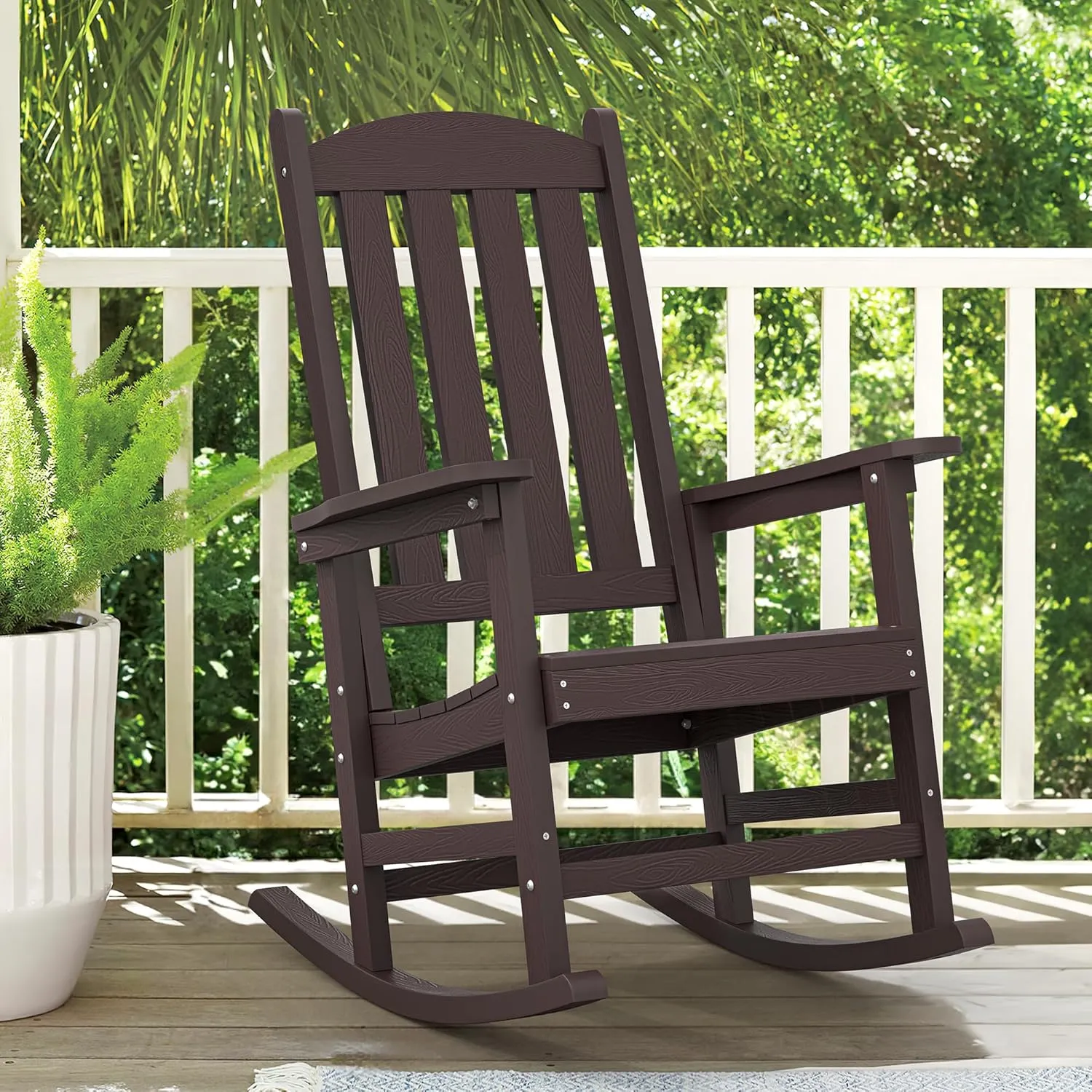 LUE BONA Outdoor Rocking Chairs Set of 3, 2 Chairs & 1 Table HDPS Poly Rocking Chair, All Weather Resistant, Heavy Duty Rocker Chair for Patio, Lawn, Garden, 300LBS,Espresso