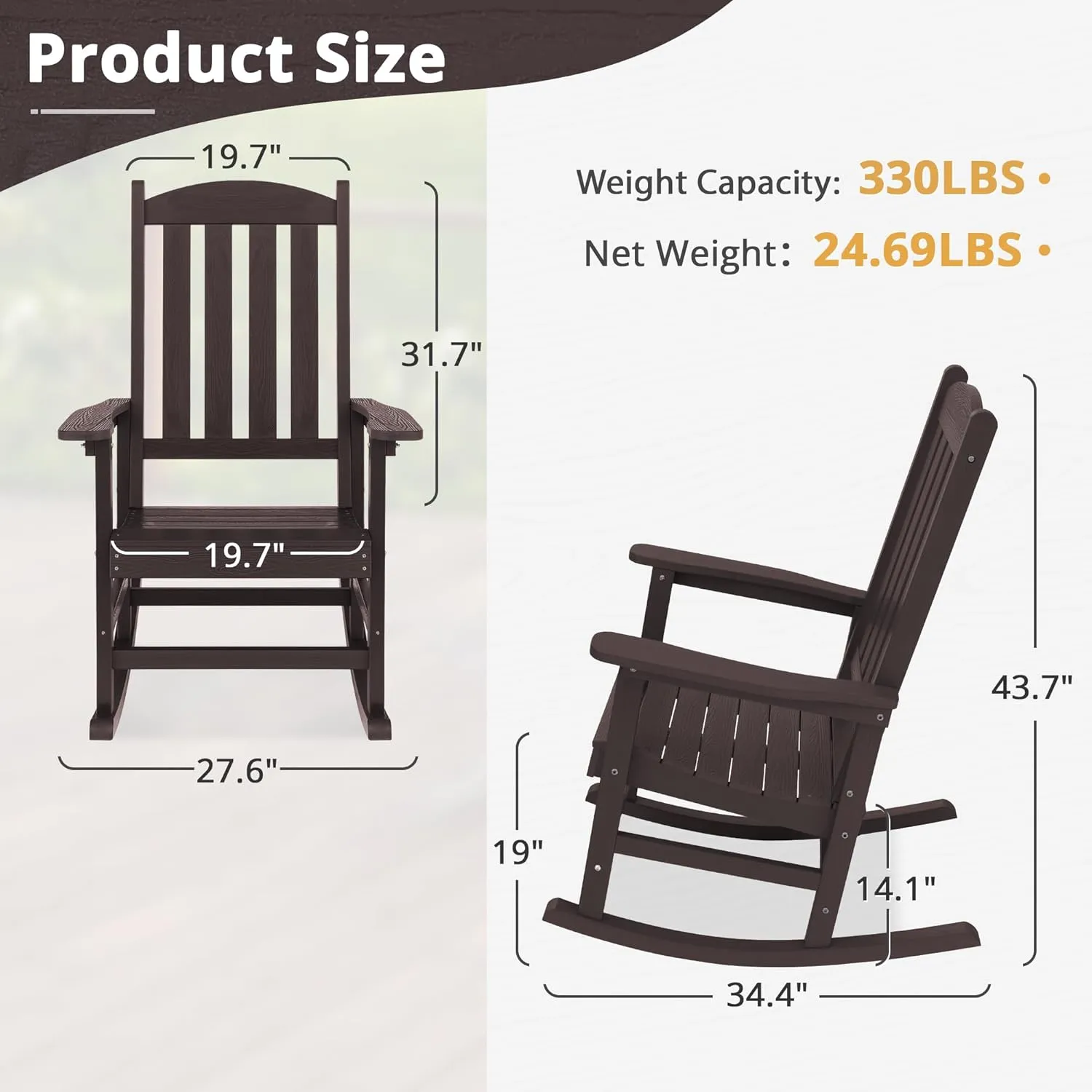 LUE BONA Outdoor Rocking Chairs Set of 3, 2 Chairs & 1 Table HDPS Poly Rocking Chair, All Weather Resistant, Heavy Duty Rocker Chair for Patio, Lawn, Garden, 300LBS,Espresso