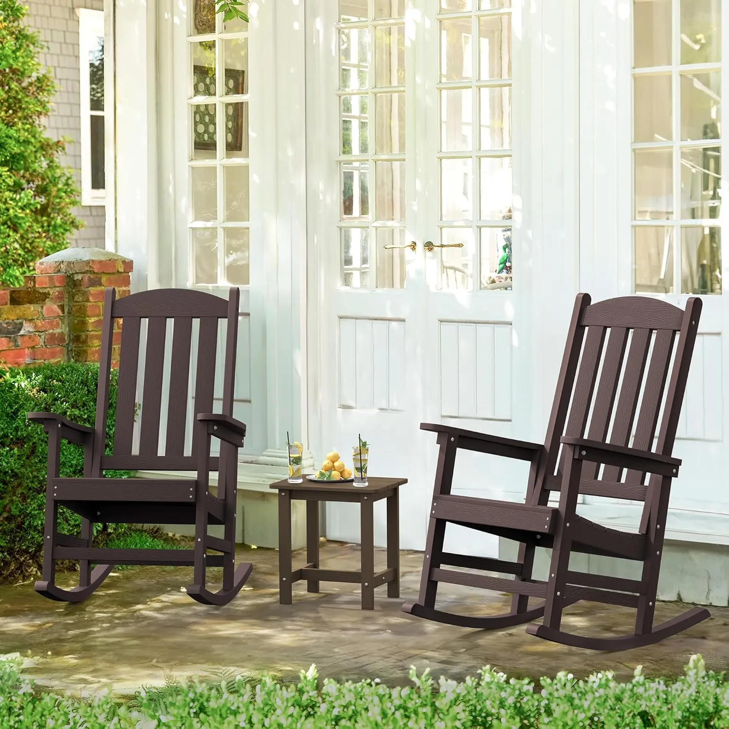 LUE BONA Outdoor Rocking Chairs Set of 3, 2 Chairs & 1 Table HDPS Poly Rocking Chair, All Weather Resistant, Heavy Duty Rocker Chair for Patio, Lawn, Garden, 300LBS,Espresso