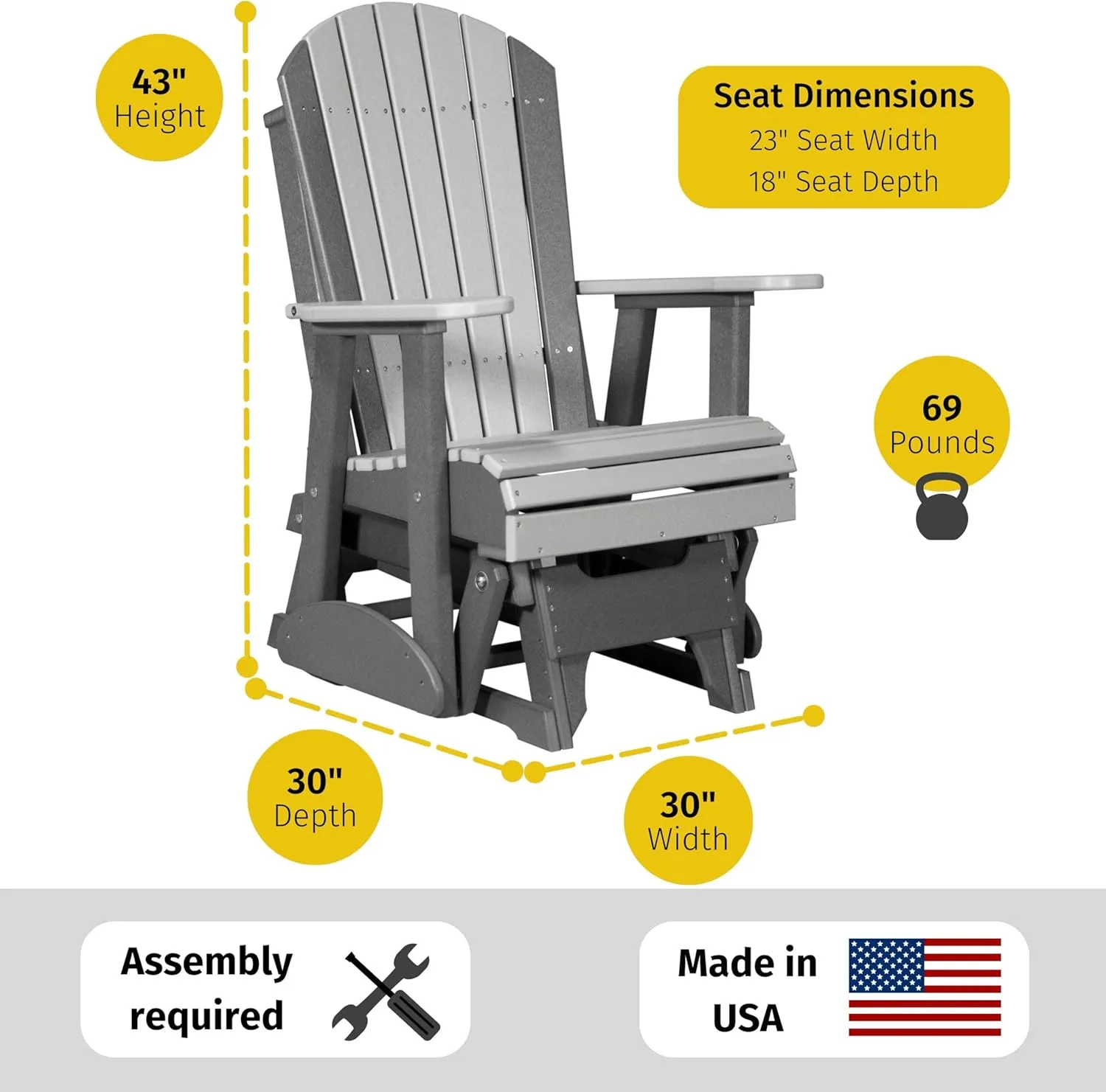 LuxCraft 2' Adirondack Glider Chair, Outdoor Glider Chair, Outdoor Glider Rocking Chair, Patio Glider Chair (Antique Mahogany & Black)