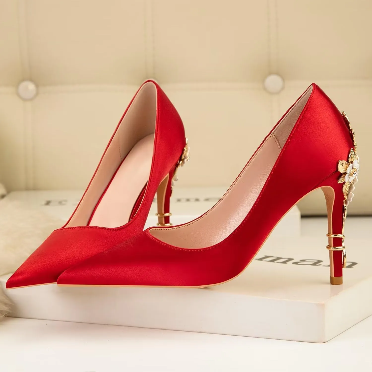 LUXINYU Women Pointed Toe Heels Elegant Satin Stiletto Fashion Metal Flower Rhinestone Wedding Dress Shoes Ladies Evening Party Pumps
