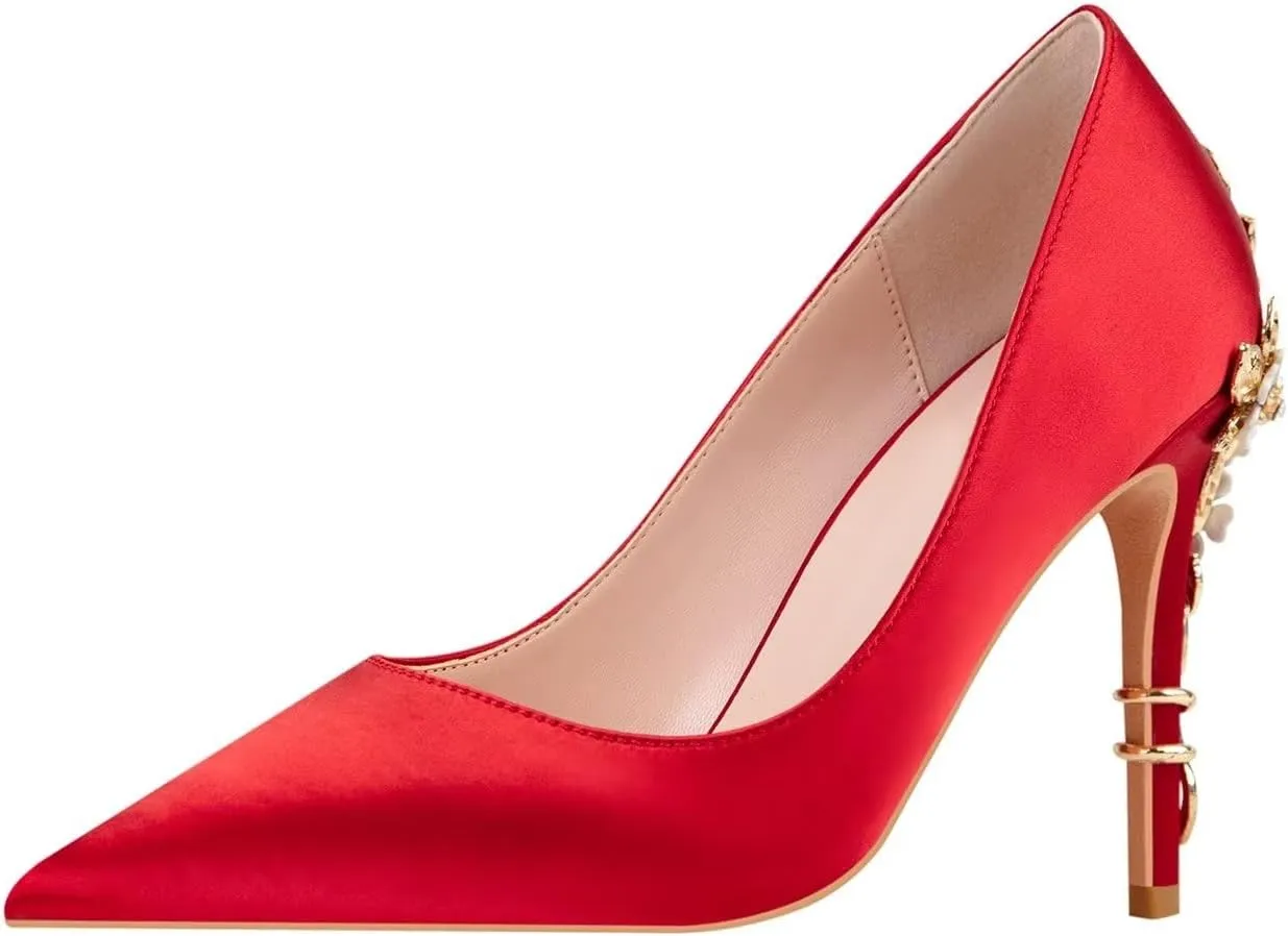 LUXINYU Women Pointed Toe Heels Elegant Satin Stiletto Fashion Metal Flower Rhinestone Wedding Dress Shoes Ladies Evening Party Pumps