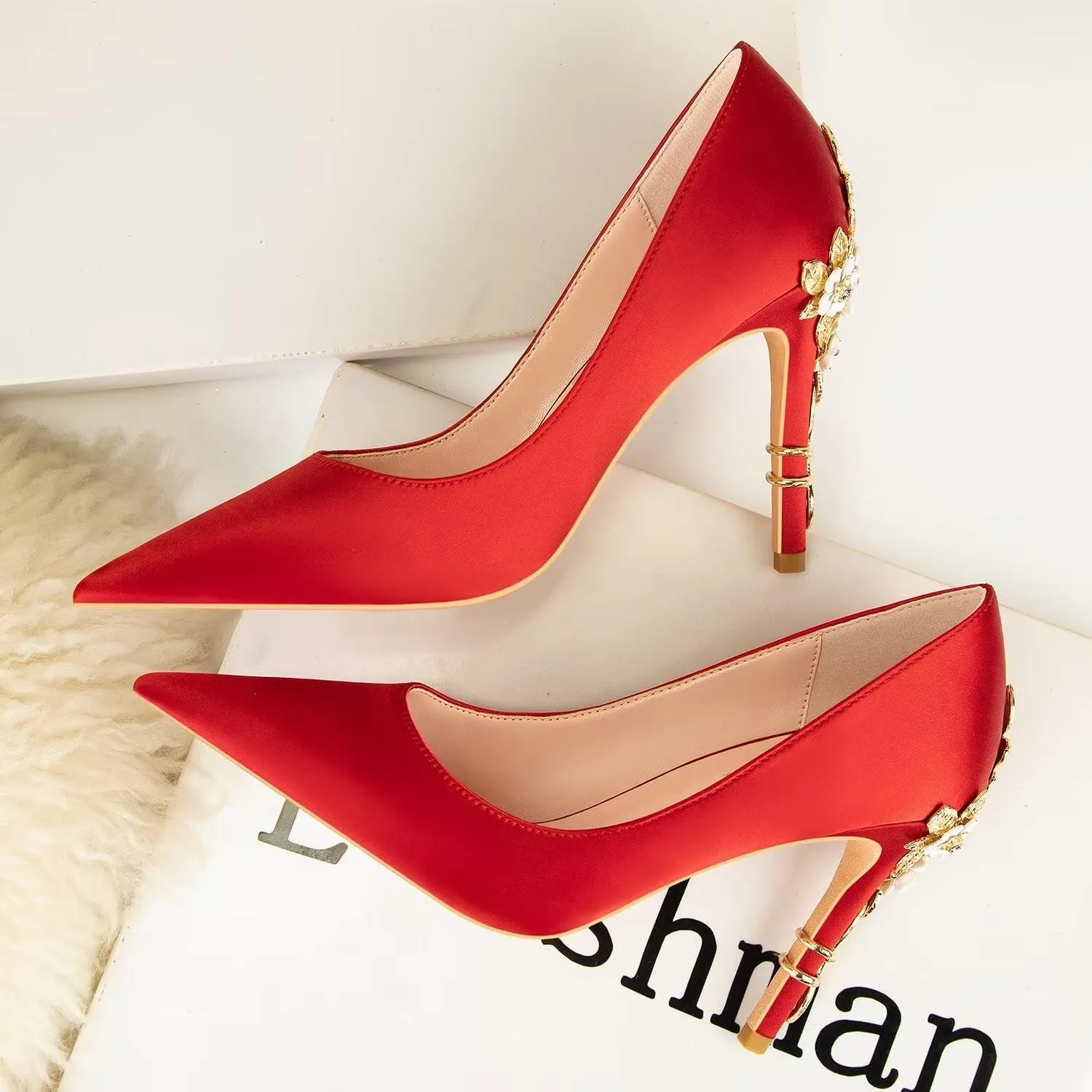 LUXINYU Women Pointed Toe Heels Elegant Satin Stiletto Fashion Metal Flower Rhinestone Wedding Dress Shoes Ladies Evening Party Pumps
