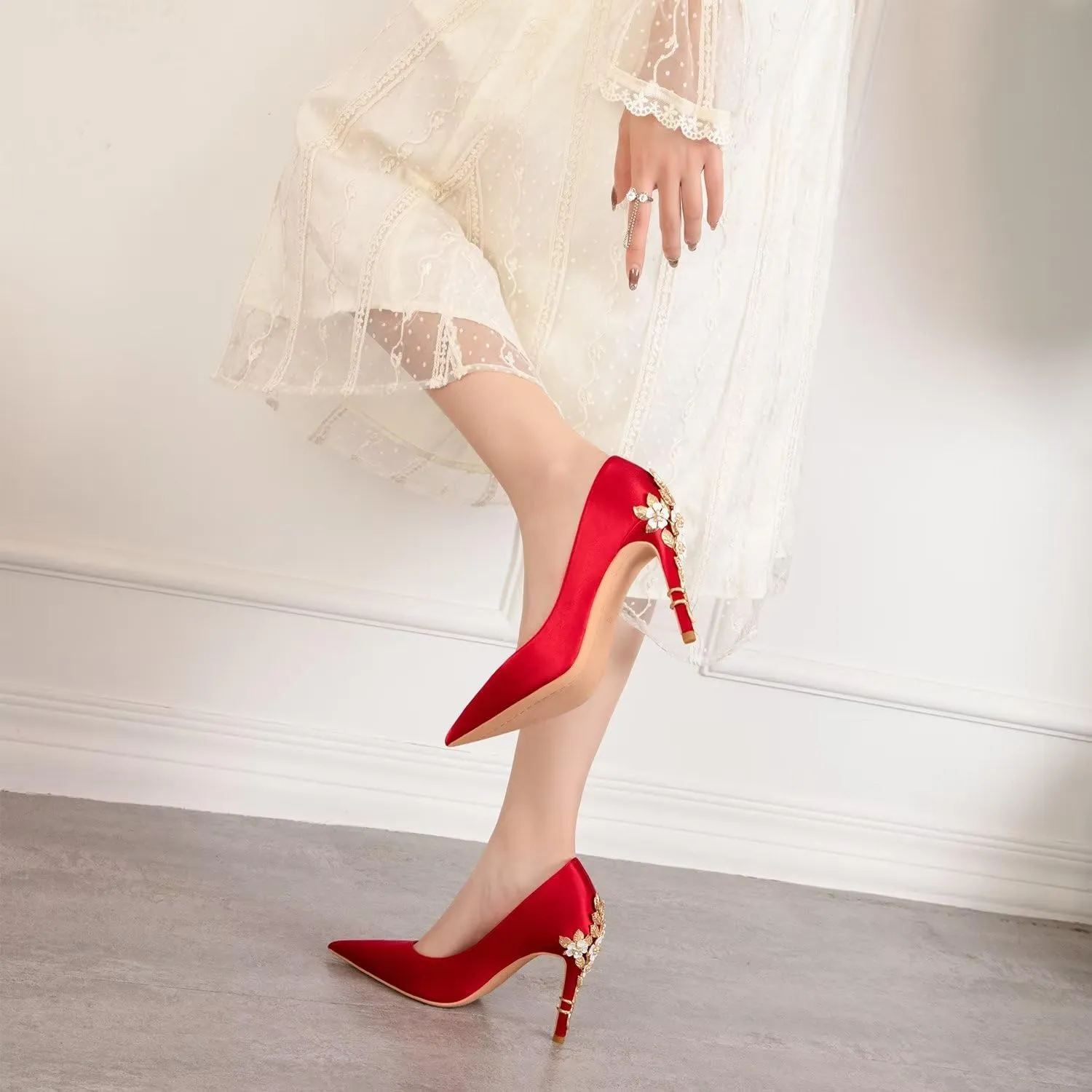 LUXINYU Women Pointed Toe Heels Elegant Satin Stiletto Fashion Metal Flower Rhinestone Wedding Dress Shoes Ladies Evening Party Pumps