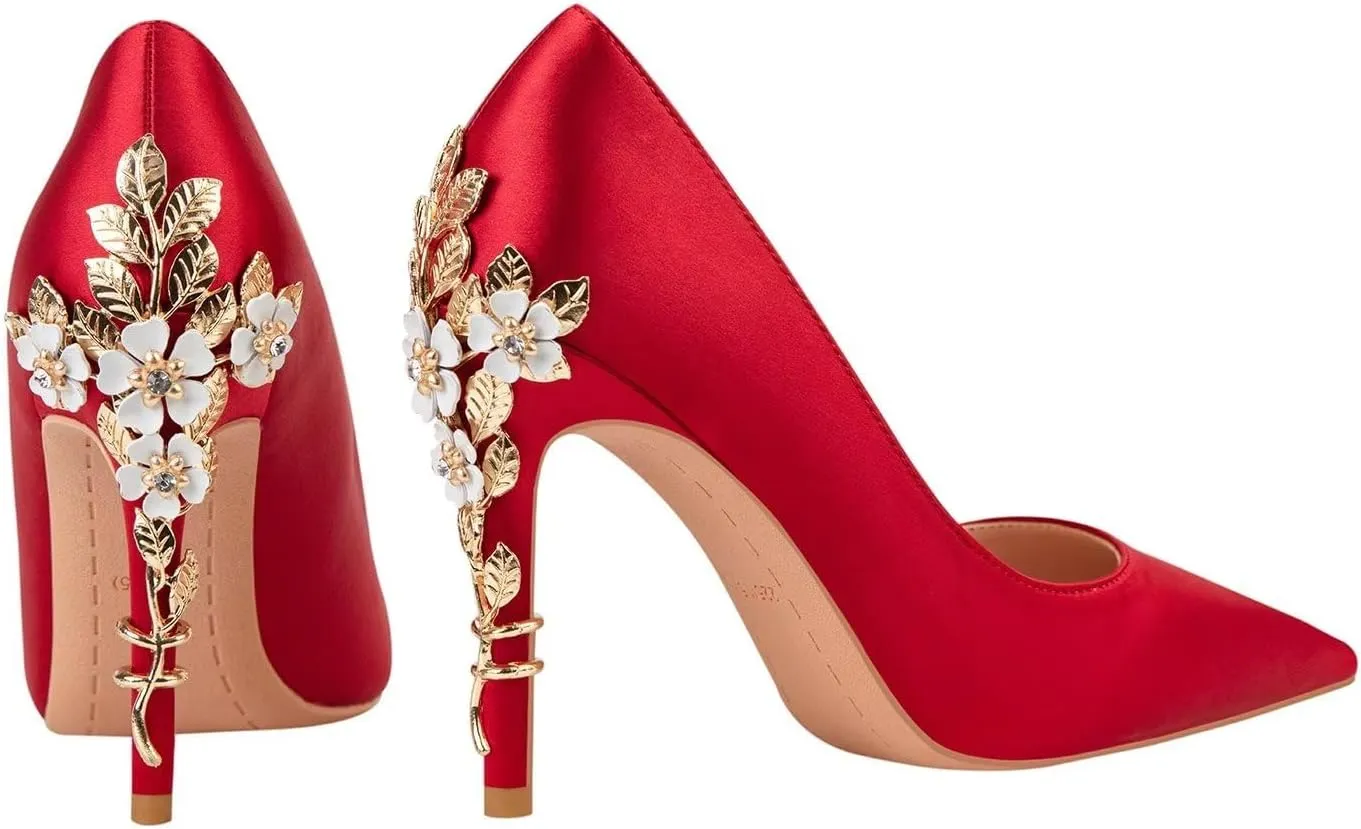 LUXINYU Women Pointed Toe Heels Elegant Satin Stiletto Fashion Metal Flower Rhinestone Wedding Dress Shoes Ladies Evening Party Pumps