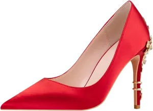 LUXINYU Women Pointed Toe Heels Elegant Satin Stiletto Fashion Metal Flower Rhinestone Wedding Dress Shoes Ladies Evening Party Pumps
