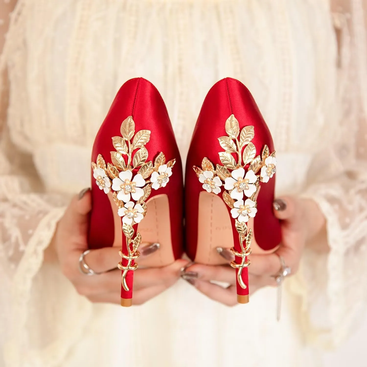 LUXINYU Women Pointed Toe Heels Elegant Satin Stiletto Fashion Metal Flower Rhinestone Wedding Dress Shoes Ladies Evening Party Pumps
