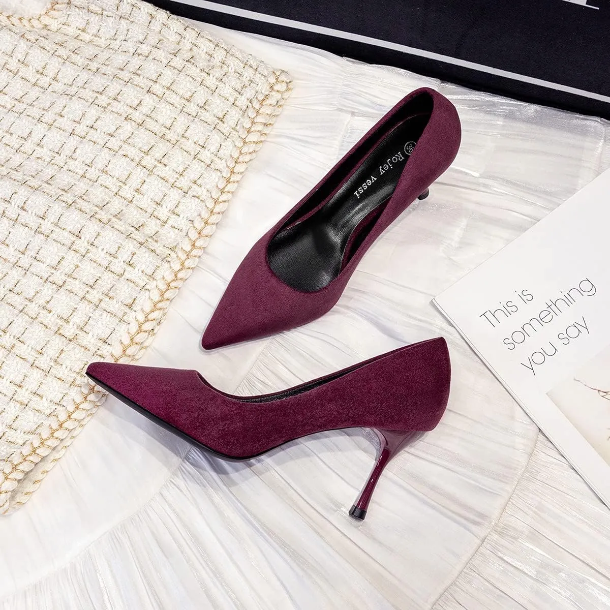 LUXINYU,Women Pointed Toe Heels Fashion Shiny Elegant Ladies Pumps Solid Stiletto Suede Soft Heeled Dress Shoes Comfort Work Formal Shoes