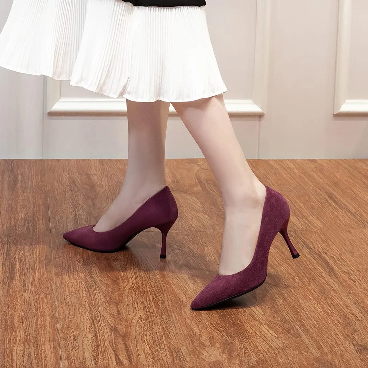 LUXINYU,Women Pointed Toe Heels Fashion Shiny Elegant Ladies Pumps Solid Stiletto Suede Soft Heeled Dress Shoes Comfort Work Formal Shoes