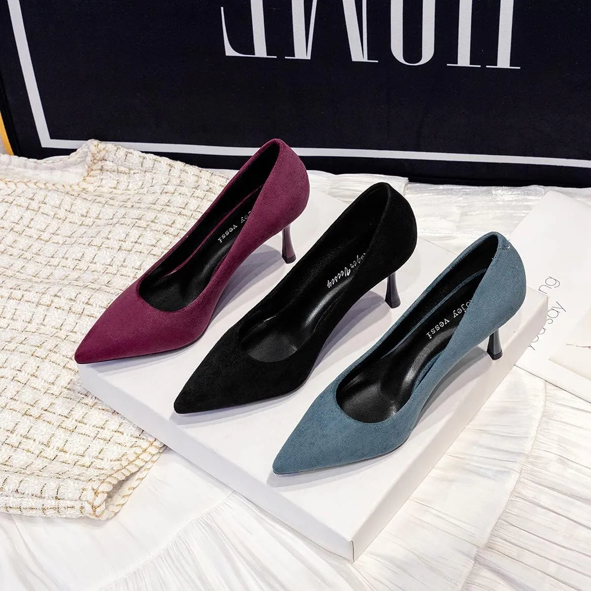 LUXINYU,Women Pointed Toe Heels Fashion Shiny Elegant Ladies Pumps Solid Stiletto Suede Soft Heeled Dress Shoes Comfort Work Formal Shoes