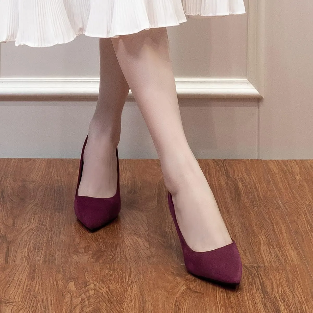 LUXINYU,Women Pointed Toe Heels Fashion Shiny Elegant Ladies Pumps Solid Stiletto Suede Soft Heeled Dress Shoes Comfort Work Formal Shoes