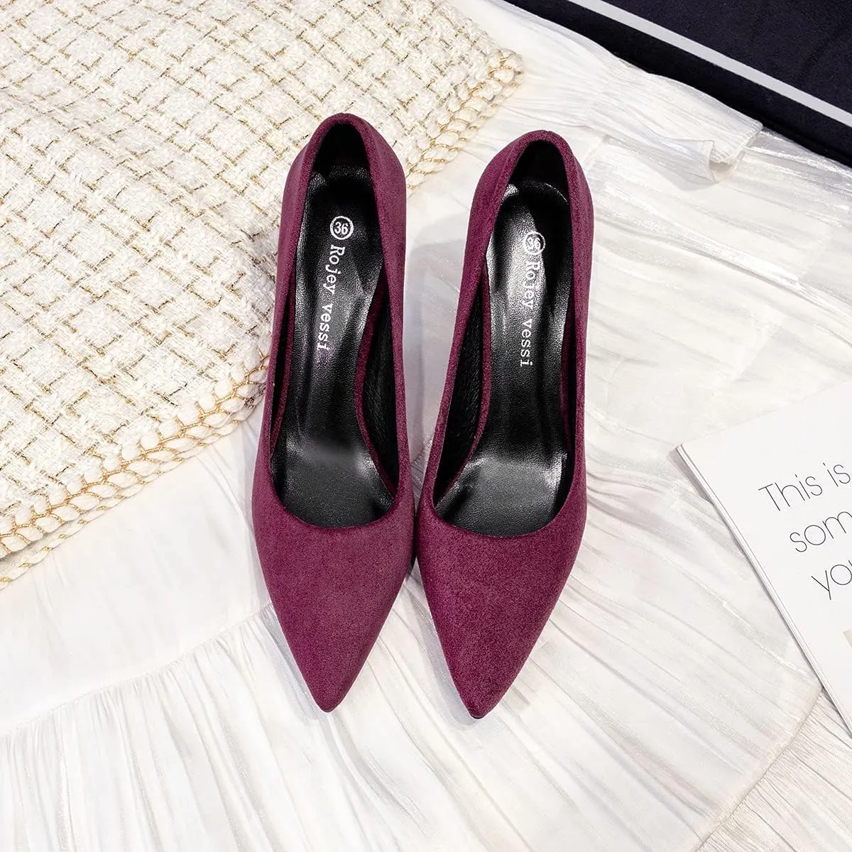 LUXINYU,Women Pointed Toe Heels Fashion Shiny Elegant Ladies Pumps Solid Stiletto Suede Soft Heeled Dress Shoes Comfort Work Formal Shoes