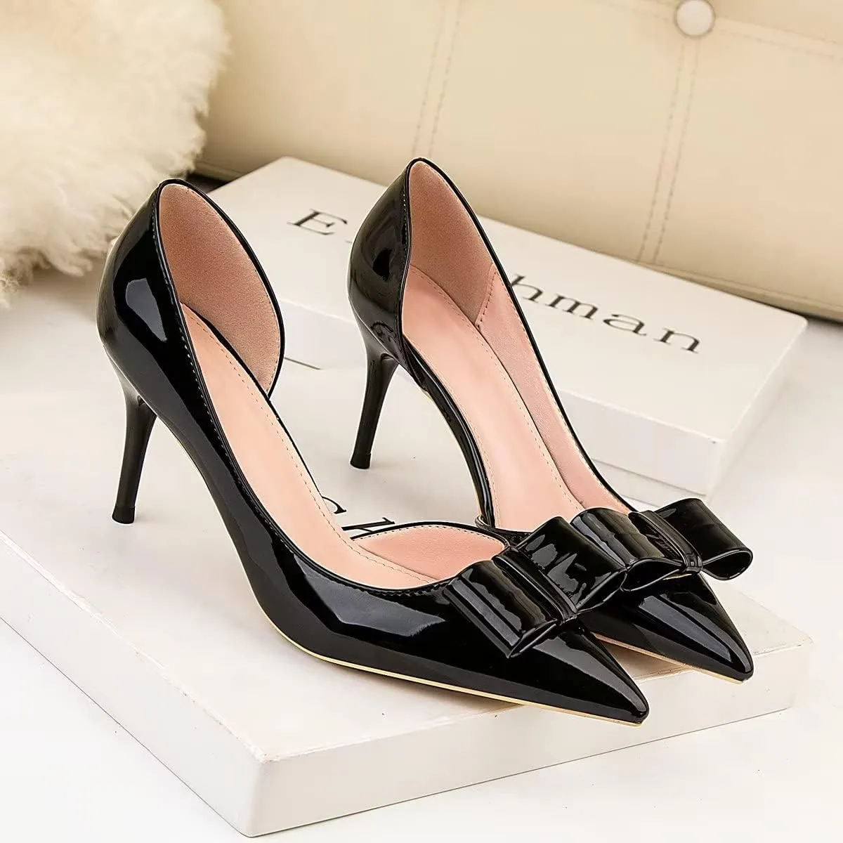 LUXINYU,Women Pointed Toe Heels Fashion Sweet Stiletto Bow Elegant Ladies Pumps Hollow Sexy Heeled Dress Shoes Patent Leather Comfort Work Shoes