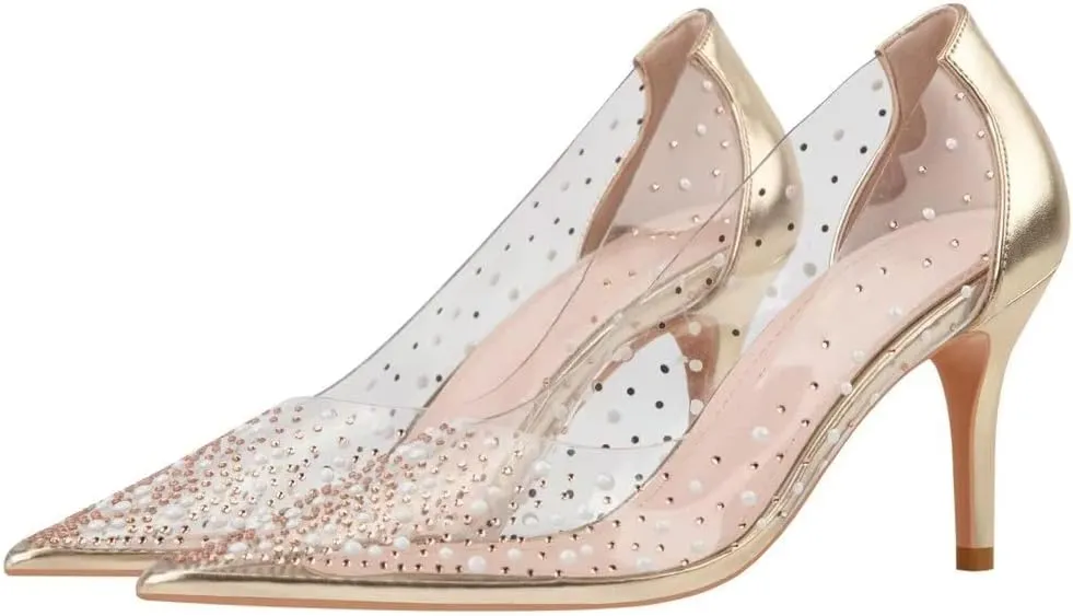 LUXINYU,Women Pointed Toe Heels Pearl Elegant Shining Rhinestone Flowers Lace Sexy Ladies Pumps Heeled Dress Shoes Stiletto Shallow Transparent Hollow Comfort Work Shoes