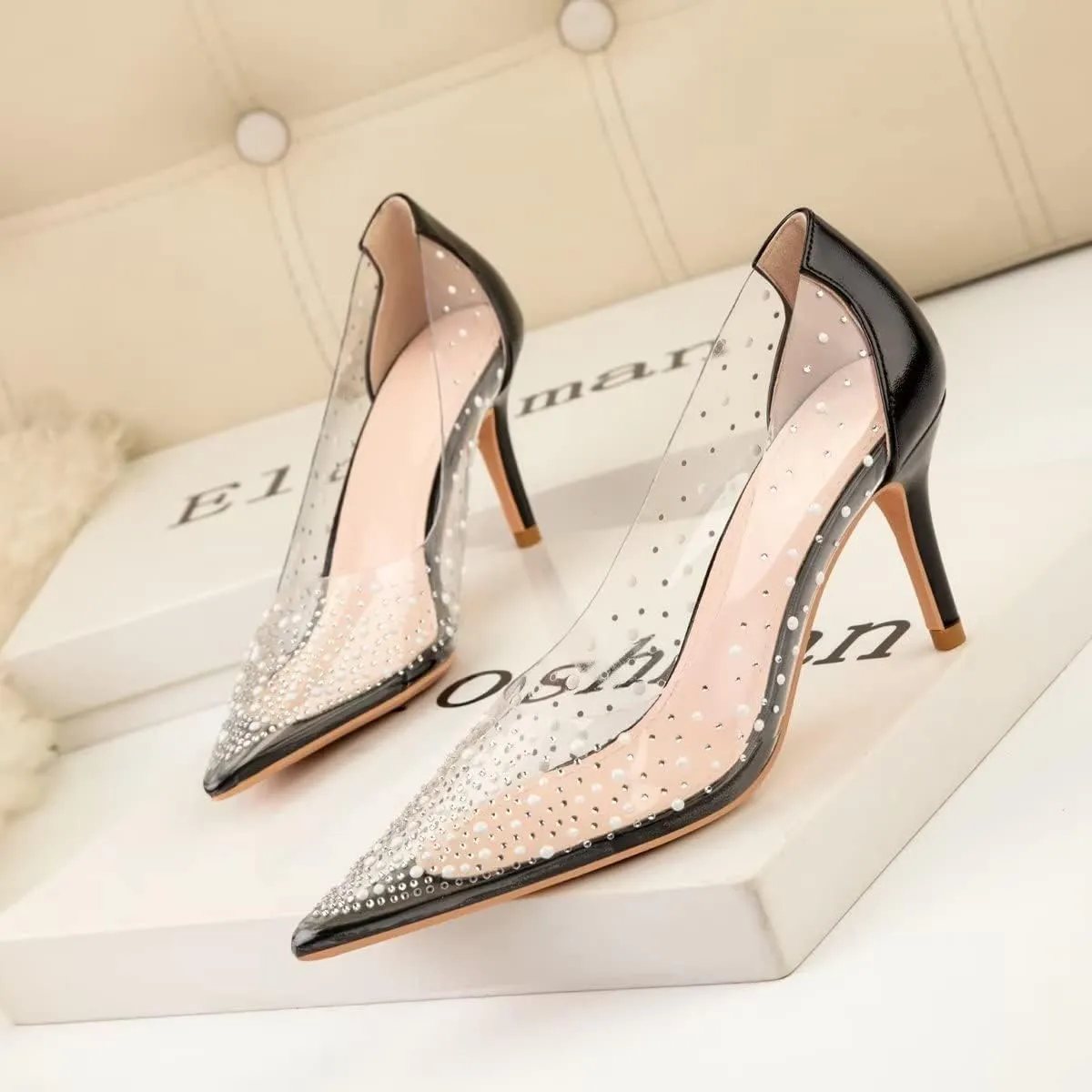 LUXINYU,Women Pointed Toe Heels Pearl Elegant Shining Rhinestone Flowers Lace Sexy Ladies Pumps Heeled Dress Shoes Stiletto Shallow Transparent Hollow Comfort Work Shoes