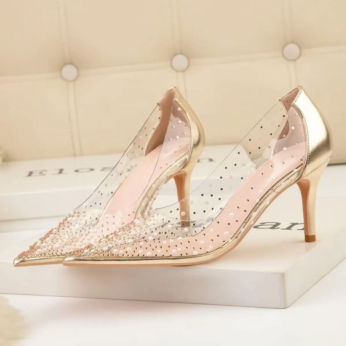 LUXINYU,Women Pointed Toe Heels Pearl Elegant Shining Rhinestone Flowers Lace Sexy Ladies Pumps Heeled Dress Shoes Stiletto Shallow Transparent Hollow Comfort Work Shoes