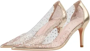 LUXINYU,Women Pointed Toe Heels Pearl Elegant Shining Rhinestone Flowers Lace Sexy Ladies Pumps Heeled Dress Shoes Stiletto Shallow Transparent Hollow Comfort Work Shoes