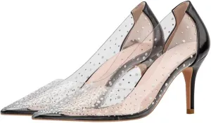 LUXINYU,Women Pointed Toe Heels Pearl Elegant Shining Rhinestone Flowers Lace Sexy Ladies Pumps Heeled Dress Shoes Stiletto Shallow Transparent Hollow Comfort Work Shoes