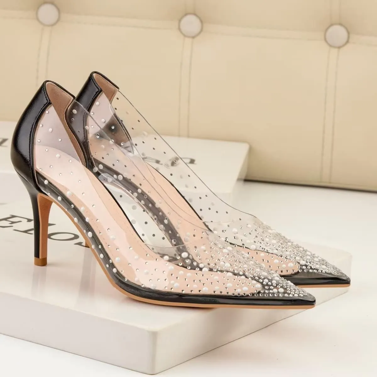 LUXINYU,Women Pointed Toe Heels Pearl Elegant Shining Rhinestone Flowers Lace Sexy Ladies Pumps Heeled Dress Shoes Stiletto Shallow Transparent Hollow Comfort Work Shoes