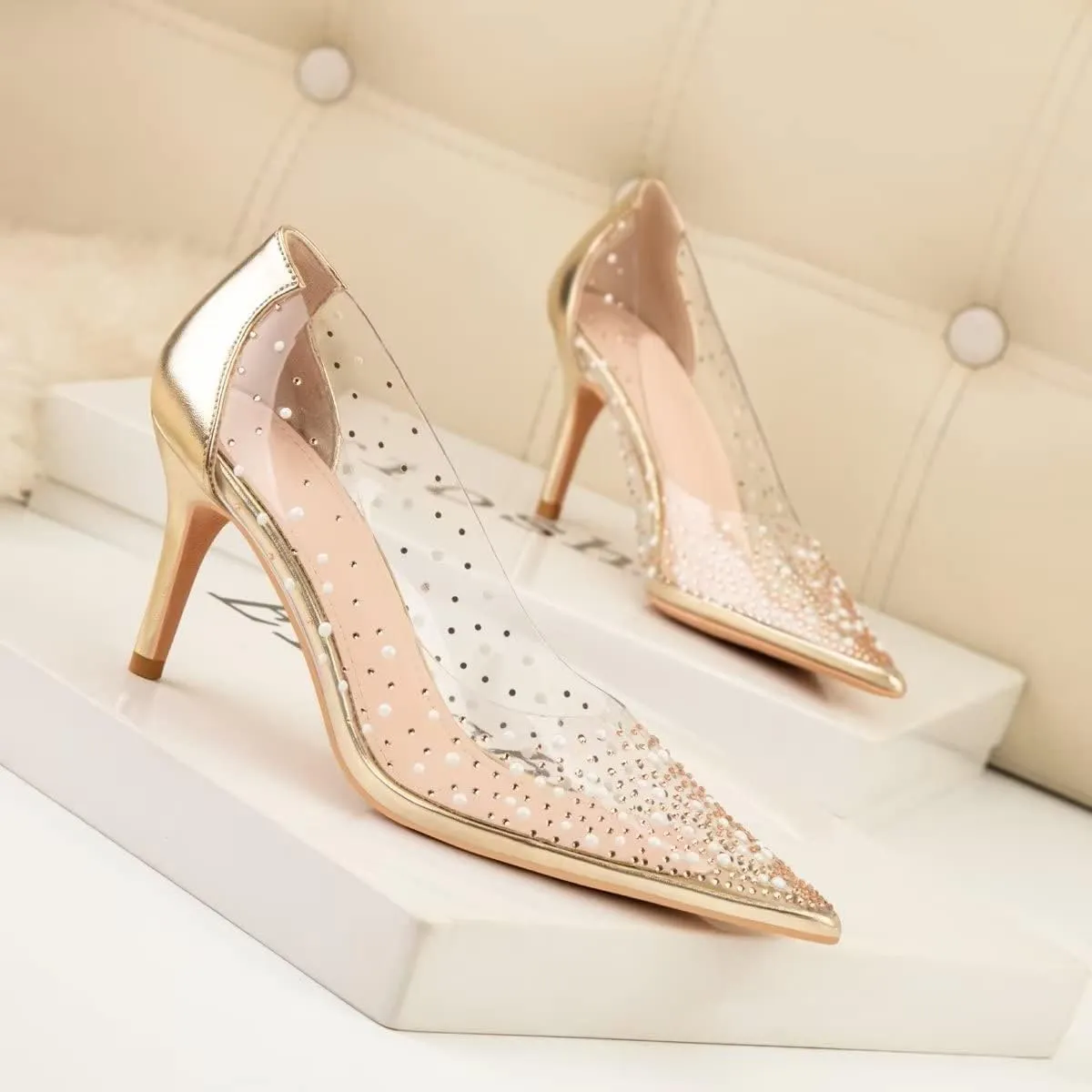 LUXINYU,Women Pointed Toe Heels Pearl Elegant Shining Rhinestone Flowers Lace Sexy Ladies Pumps Heeled Dress Shoes Stiletto Shallow Transparent Hollow Comfort Work Shoes