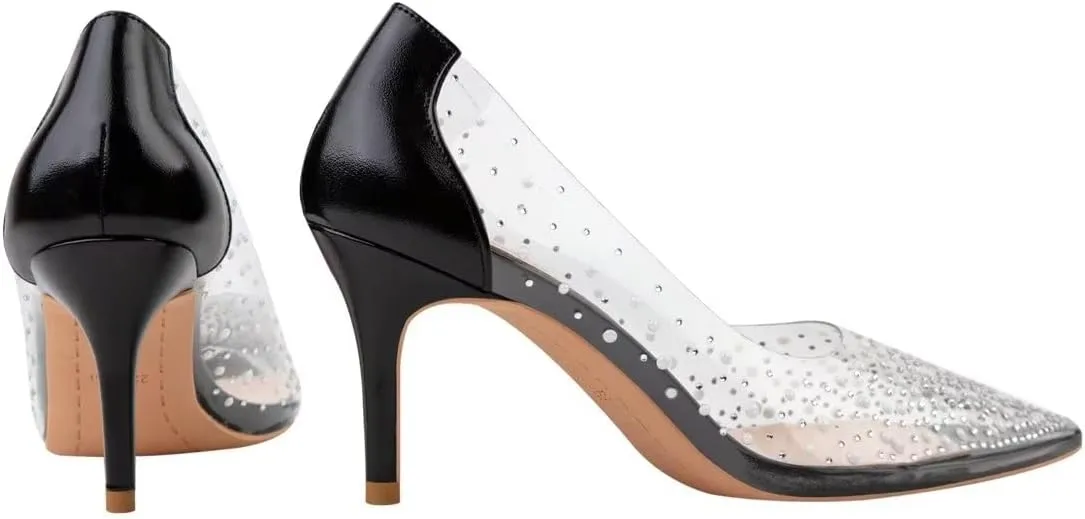 LUXINYU,Women Pointed Toe Heels Pearl Elegant Shining Rhinestone Flowers Lace Sexy Ladies Pumps Heeled Dress Shoes Stiletto Shallow Transparent Hollow Comfort Work Shoes