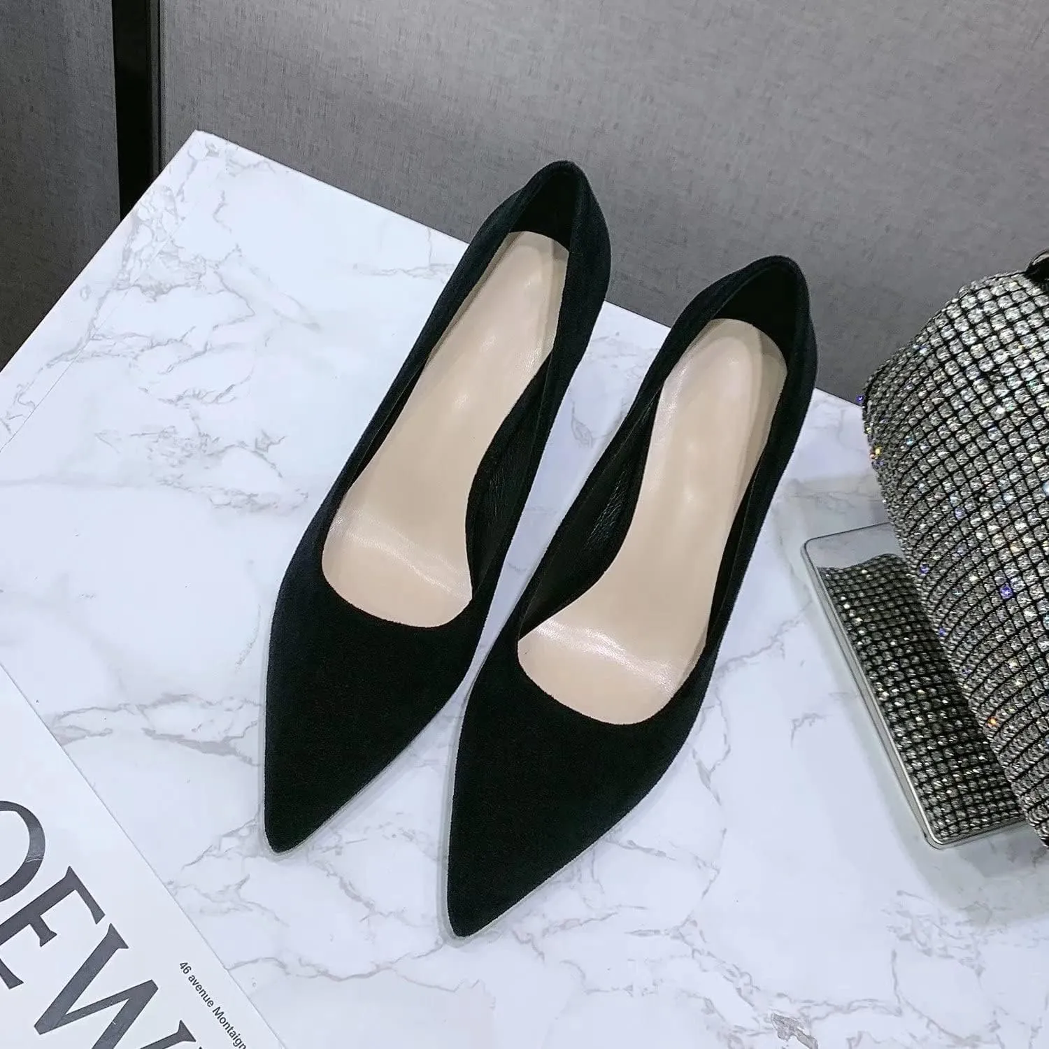 LUXINYU,Women Pointed Toe Heels Shallow Fashion Elegant Solid Ladies Pumps Chunky Heeled Dress Shoes Soft Leather Comfort Suede Work Shoes