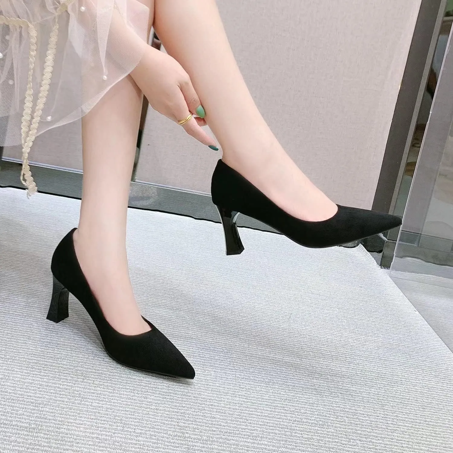 LUXINYU,Women Pointed Toe Heels Shallow Fashion Elegant Solid Ladies Pumps Chunky Heeled Dress Shoes Soft Leather Comfort Suede Work Shoes