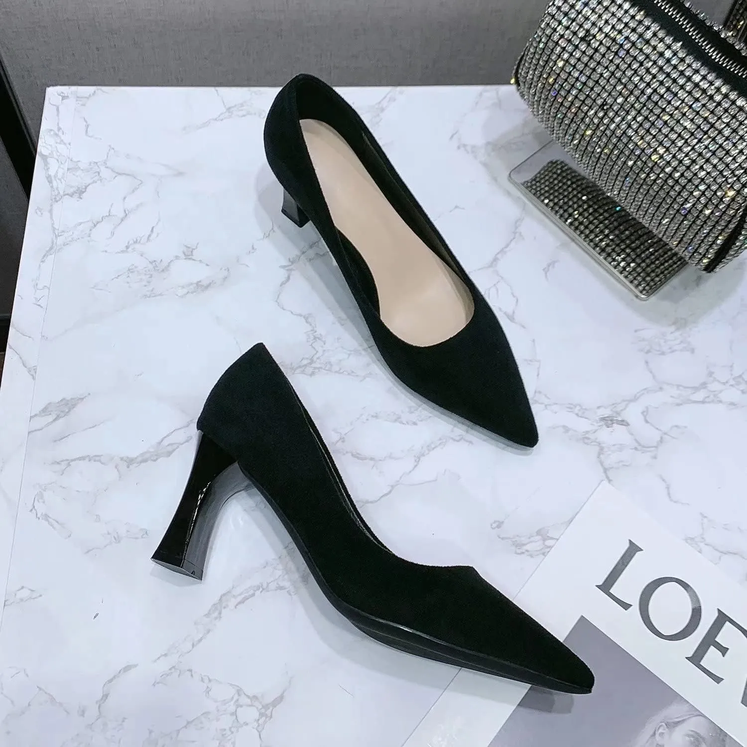 LUXINYU,Women Pointed Toe Heels Shallow Fashion Elegant Solid Ladies Pumps Chunky Heeled Dress Shoes Soft Leather Comfort Suede Work Shoes