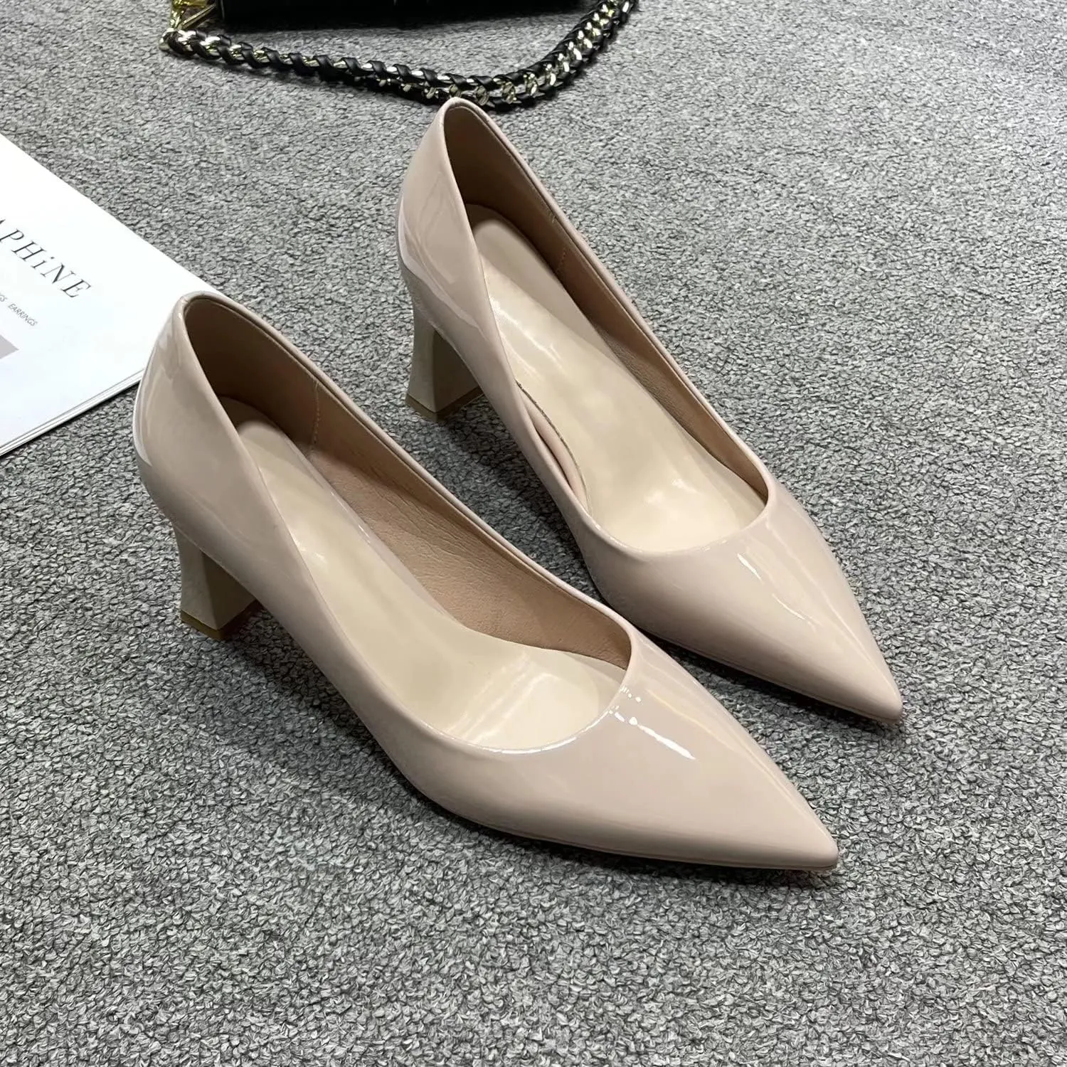 LUXINYU,Women Pointed Toe Heels Shallow Fashion Elegant Solid Ladies Pumps Chunky Heeled Dress Shoes Soft Leather Comfort Suede Work Shoes
