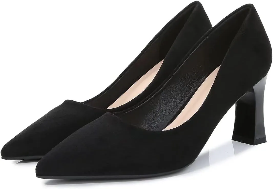 LUXINYU,Women Pointed Toe Heels Shallow Fashion Elegant Solid Ladies Pumps Chunky Heeled Dress Shoes Soft Leather Comfort Suede Work Shoes