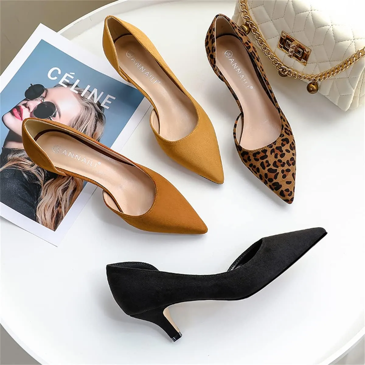 LUXINYU,Women Pointed Toe Heels Solid Classic Elegant Ladies Pumps Sexy Leopard Suede Heeled Dress Shoes Comfort Work Shoes