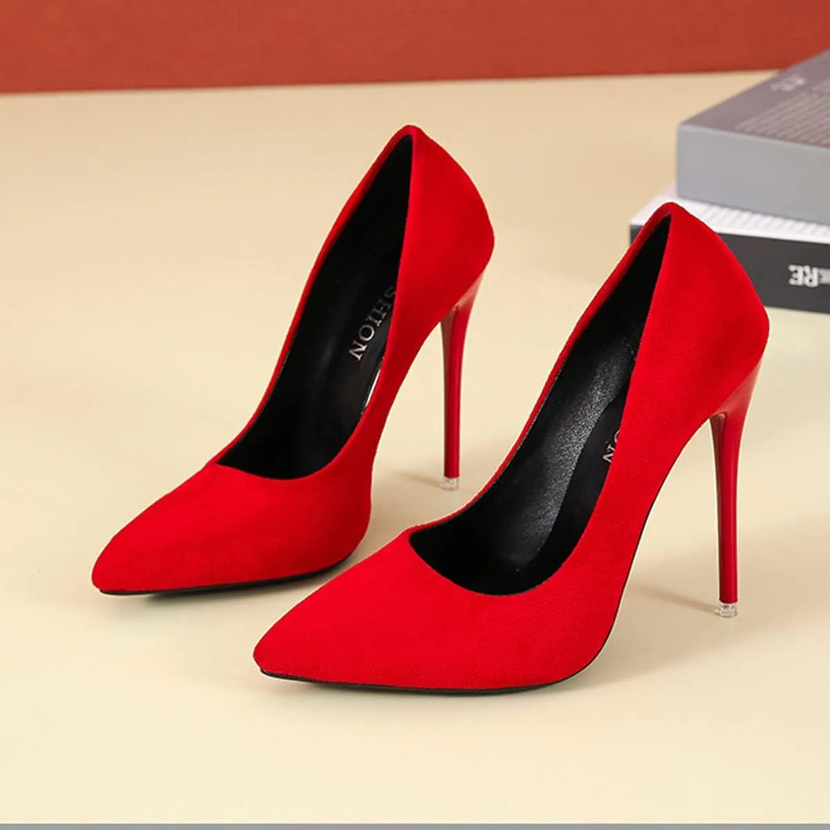 LUXINYU,Women Pointed Toe Heels Solid Suede Elegant Ladies Pumps Sexy Stiletto Shallow Heeled Dress Shoes Comfort Breathable Work Shoes