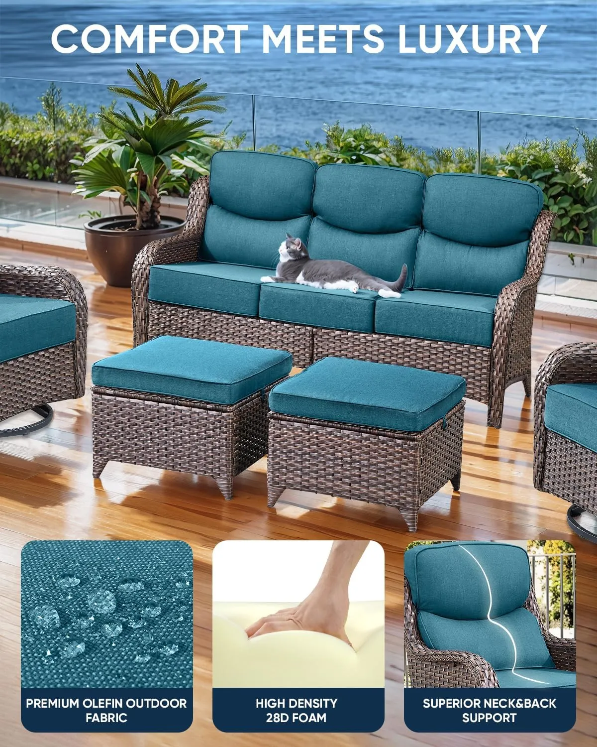 Luxury 24x24x6 Outdoor Cushions Smile - 1 Set Deep Seat Water-Resistant Patio Furniture Replacement Cushion for Wicker Rattan Wood Metal Chair Glider Rocker Loveseat Sofa - Peacock Blue