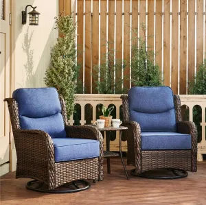 Luxury Outdoor Swivel Rocker Patio Chairs of 2 with 6 Inch Thick Cushions and Side Table, Swivel Outdoor Chairs 3PCS High Back Wicker Patio Furniture Set for Porch, Balcony, Deck in Blue