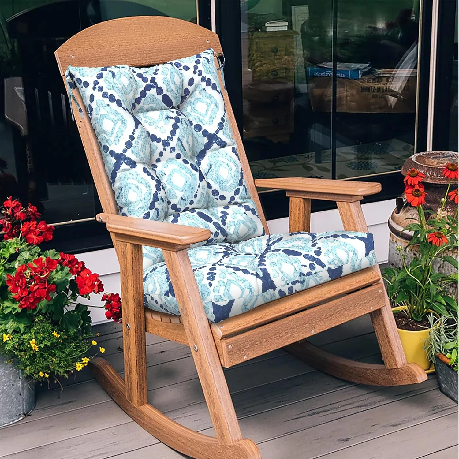 LVTXIII Outdoor Rocking Chair Cushion Set of 2, Patio Fade and Water Resistant Tufted Seat Cushions with Ties for Rocking Chairs Use, 38x17x3, Boho Geometry Blue