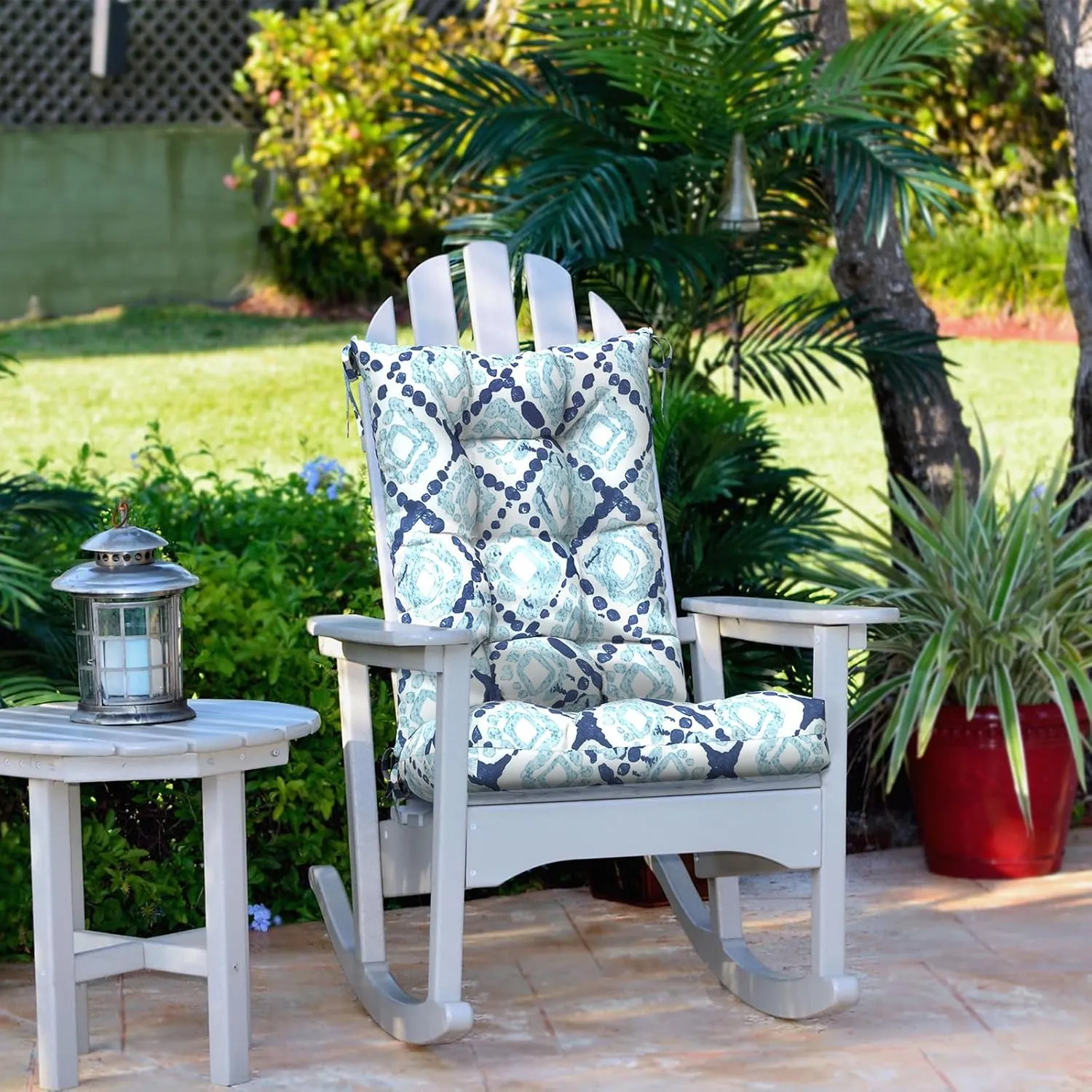 LVTXIII Outdoor Rocking Chair Cushion Set of 2, Patio Fade and Water Resistant Tufted Seat Cushions with Ties for Rocking Chairs Use, 38x17x3, Boho Geometry Blue