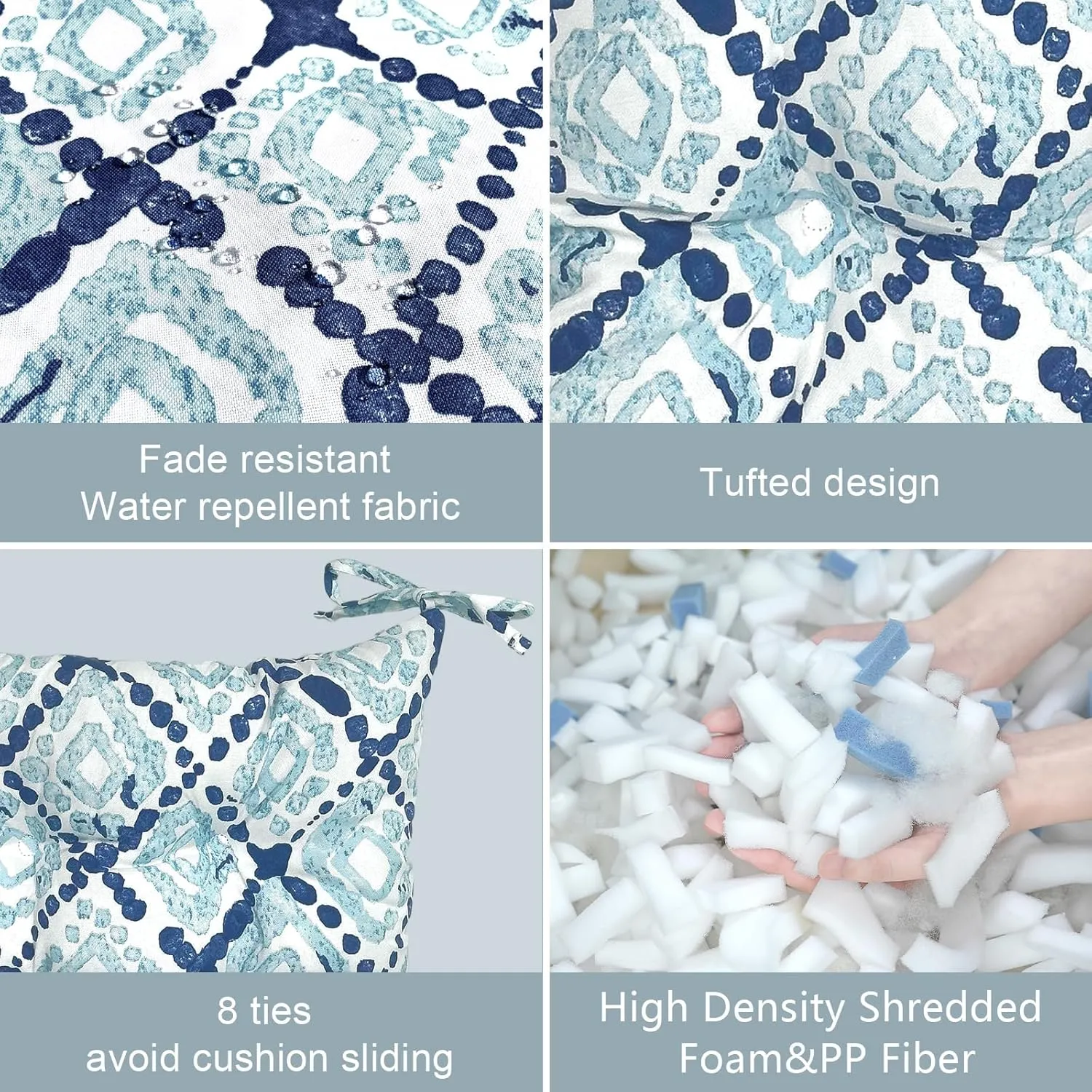 LVTXIII Outdoor Rocking Chair Cushion Set of 2, Patio Fade and Water Resistant Tufted Seat Cushions with Ties for Rocking Chairs Use, 38x17x3, Boho Geometry Blue