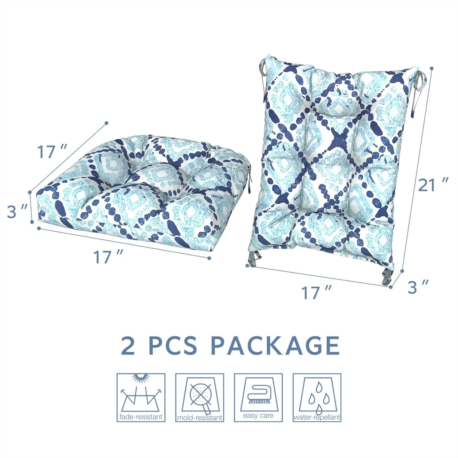 LVTXIII Outdoor Rocking Chair Cushion Set of 2, Patio Fade and Water Resistant Tufted Seat Cushions with Ties for Rocking Chairs Use, 38x17x3, Boho Geometry Blue