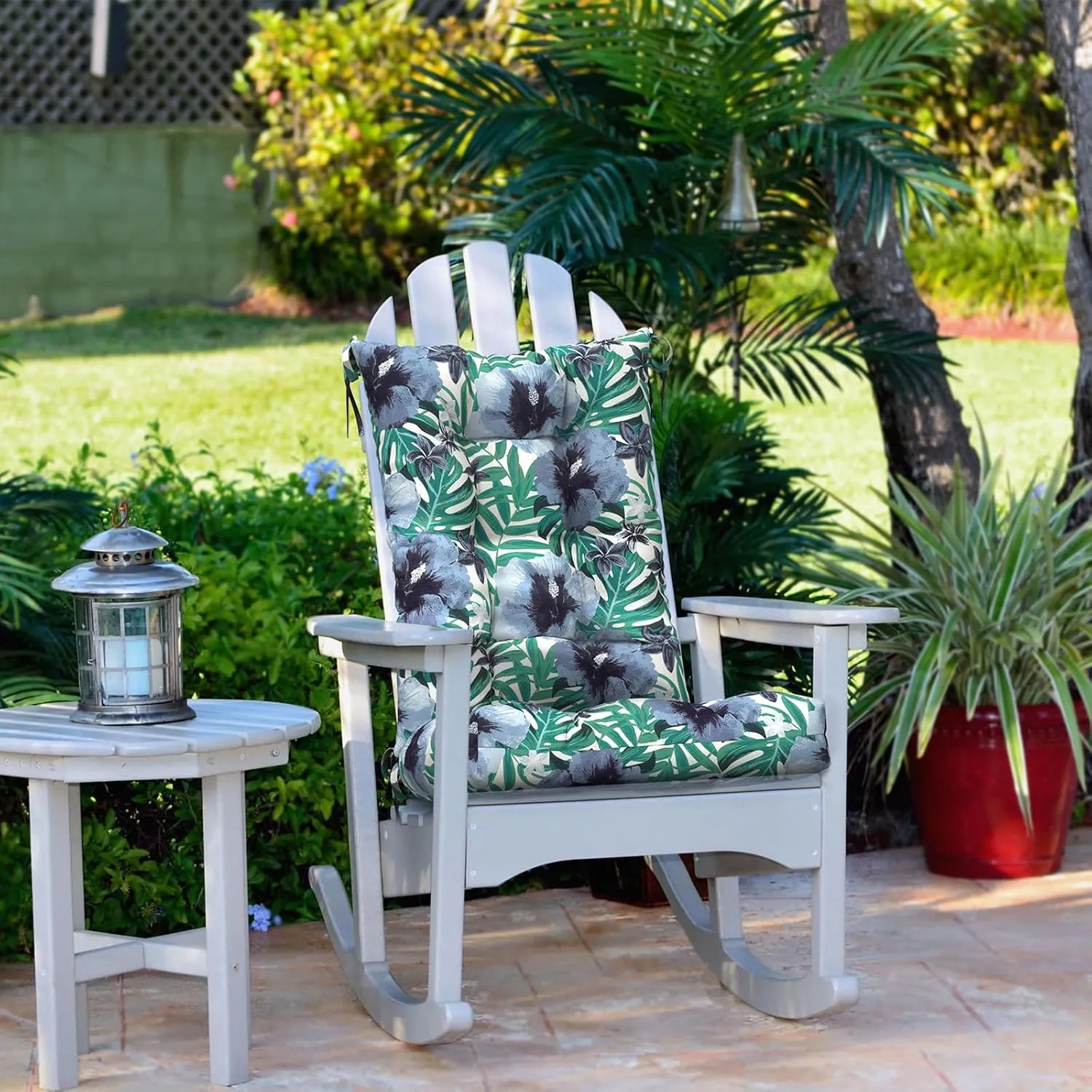 LVTXIII Outdoor/Indoor Rocking Chair Cushion Set with Thick Padding, All Weather Patio Tufted Seat and Back Cushion with Ties for Home and Garden Rocker, 38x17x3, 2 Count, Blue Salmone Tropical