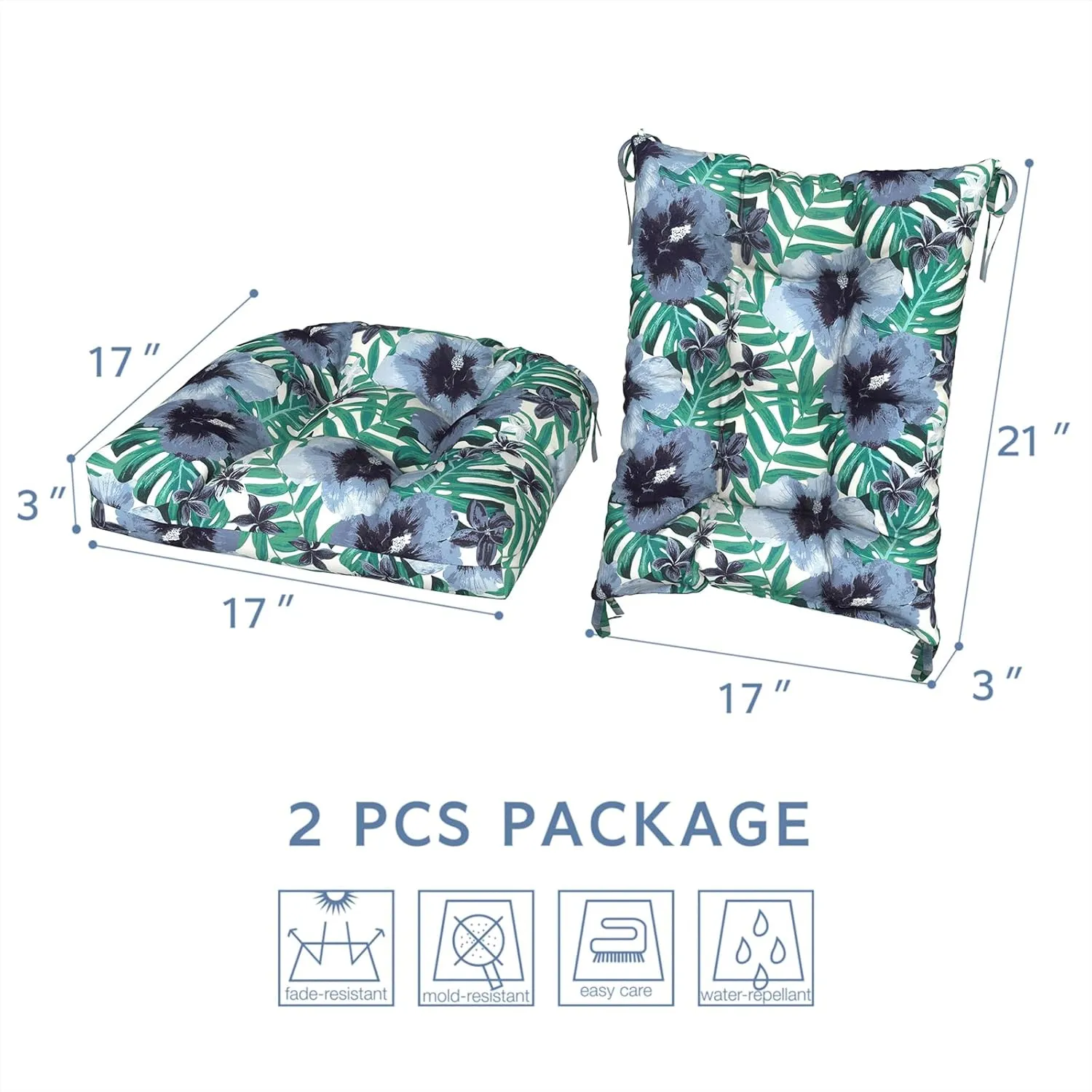 LVTXIII Outdoor/Indoor Rocking Chair Cushion Set with Thick Padding, All Weather Patio Tufted Seat and Back Cushion with Ties for Home and Garden Rocker, 38x17x3, 2 Count, Blue Salmone Tropical