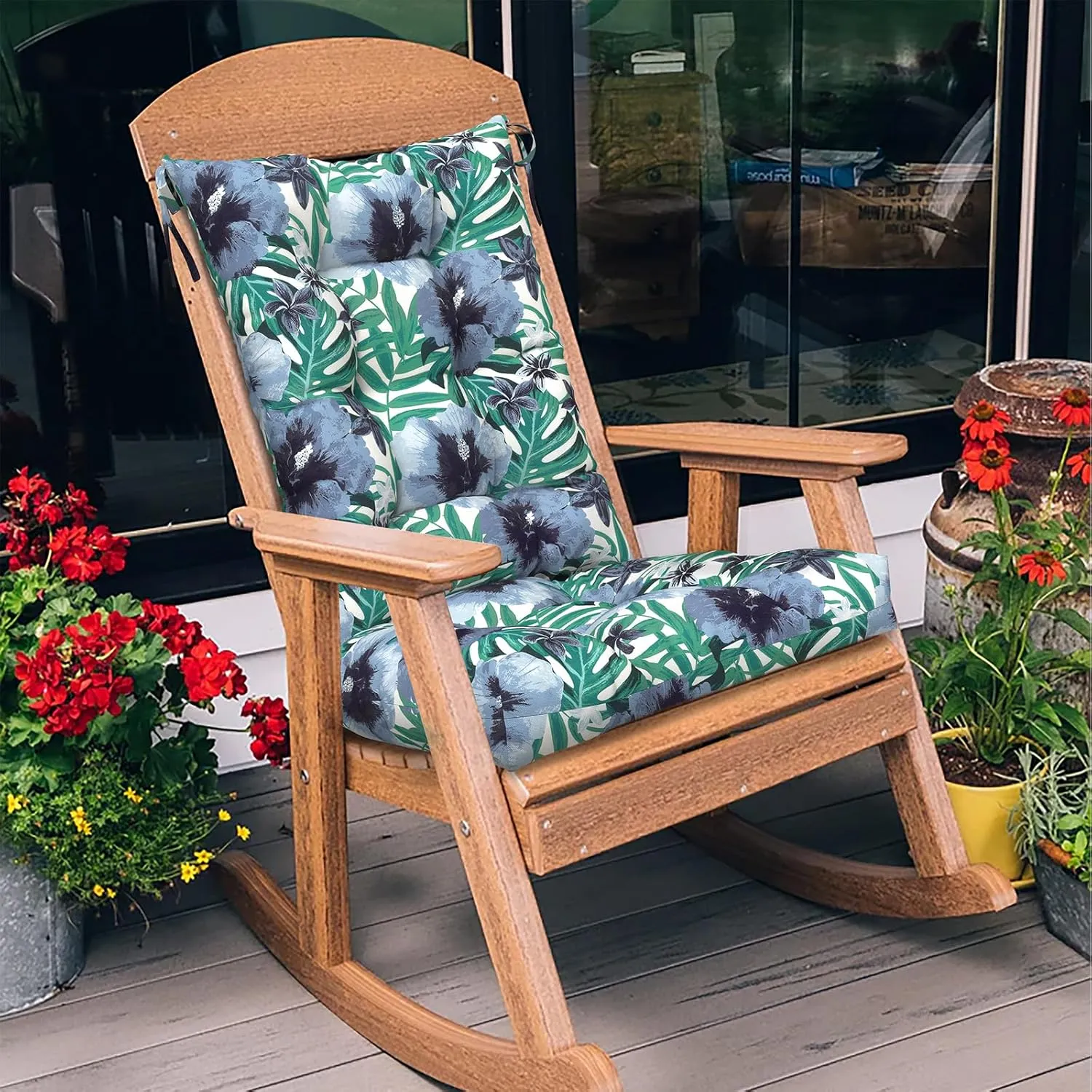 LVTXIII Outdoor/Indoor Rocking Chair Cushion Set with Thick Padding, All Weather Patio Tufted Seat and Back Cushion with Ties for Home and Garden Rocker, 38x17x3, 2 Count, Blue Salmone Tropical