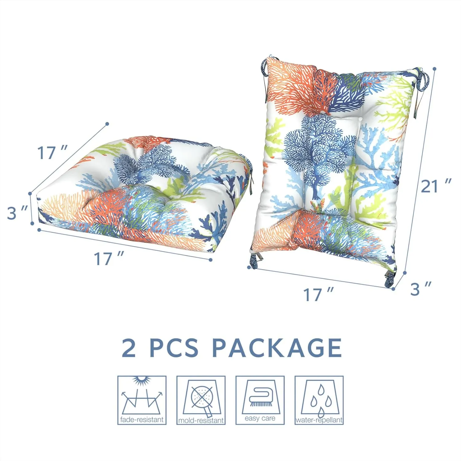 LVTXIII Outdoor/Indoor Rocking Chair Cushion Set with Thick Padding, All Weather Patio Tufted Seat and Back Cushion with Ties for Home and Garden Rocker, 38x17x3, 2 Count, Coral Multi