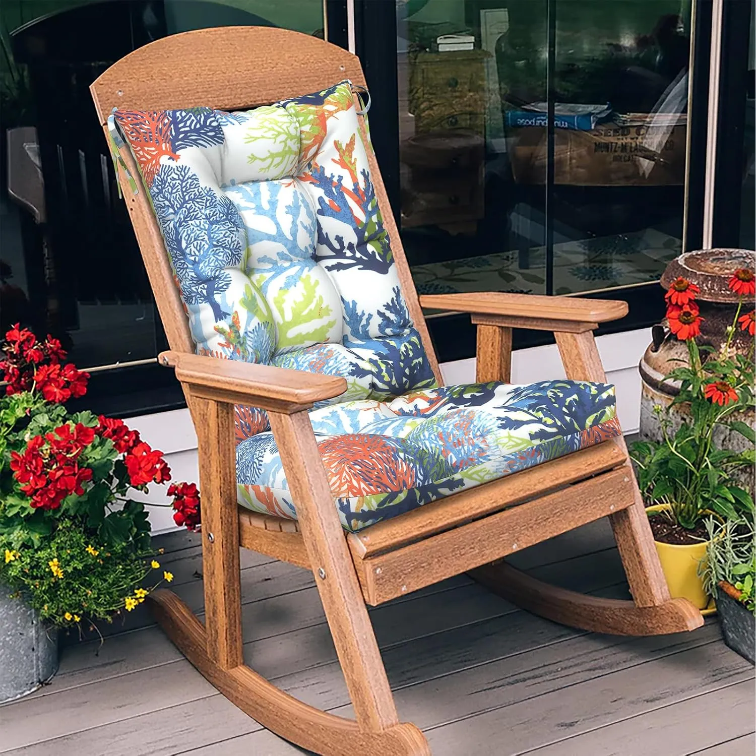 LVTXIII Outdoor/Indoor Rocking Chair Cushion Set with Thick Padding, All Weather Patio Tufted Seat and Back Cushion with Ties for Home and Garden Rocker, 38x17x3, 2 Count, Coral Multi