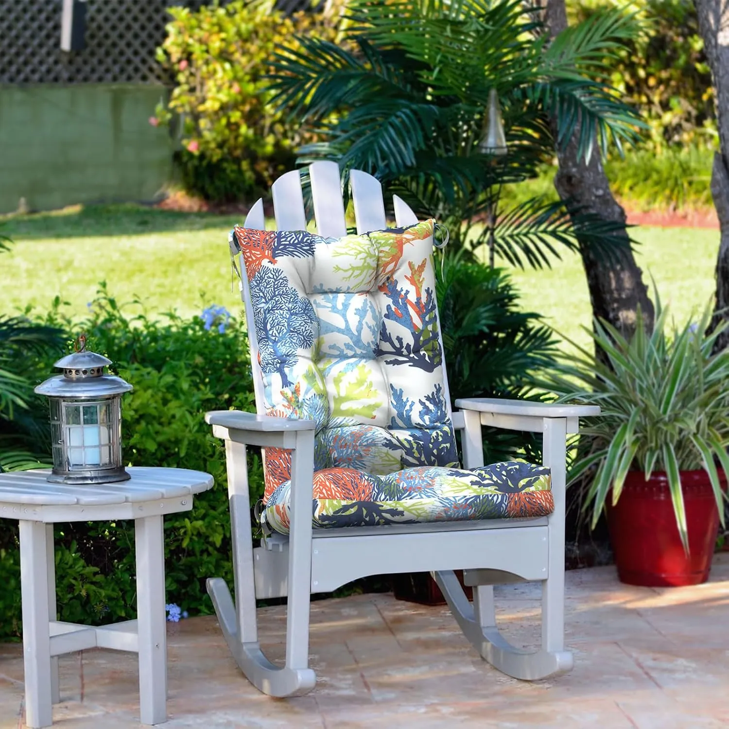 LVTXIII Outdoor/Indoor Rocking Chair Cushion Set with Thick Padding, All Weather Patio Tufted Seat and Back Cushion with Ties for Home and Garden Rocker, 38x17x3, 2 Count, Coral Multi