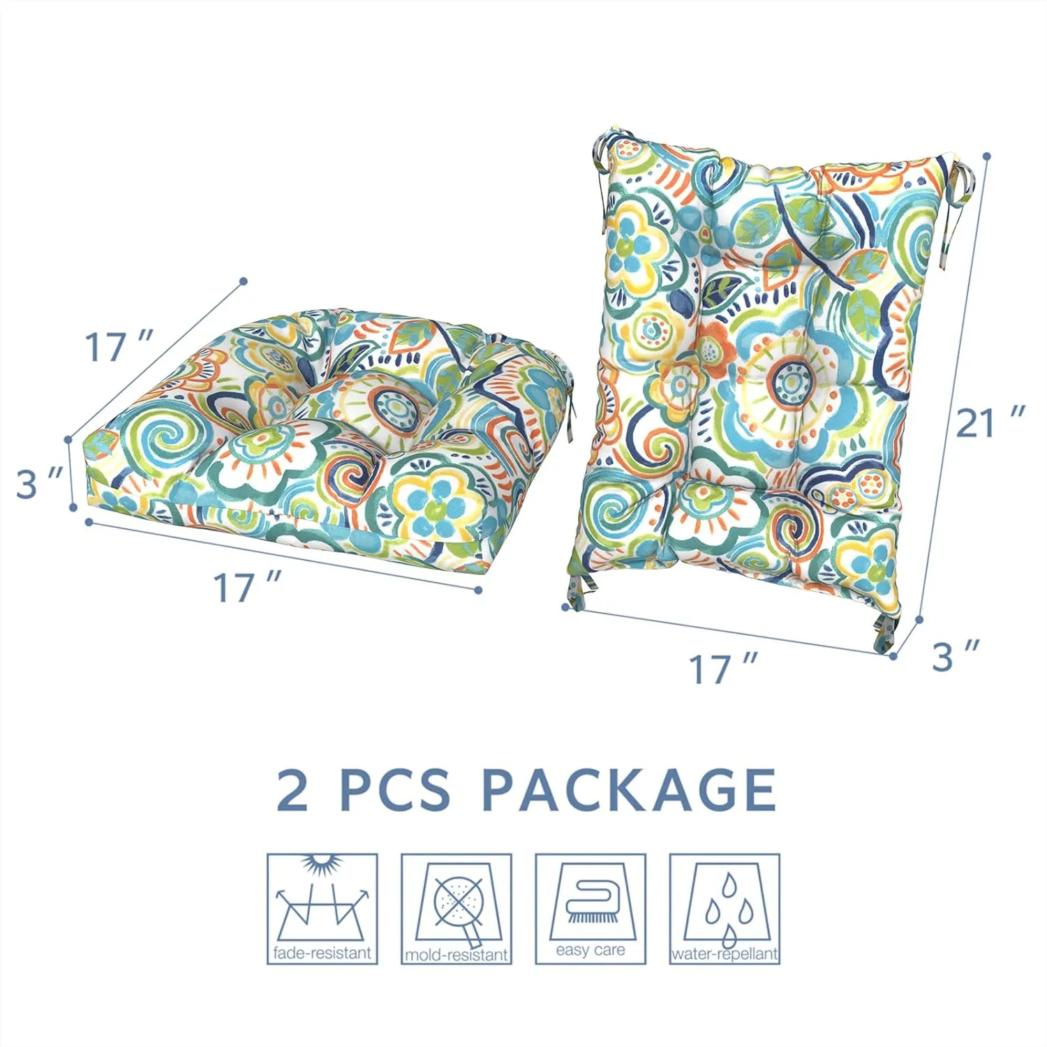 LVTXIII Outdoor/Indoor Rocking Chair Cushion Set with Thick Padding, All Weather Patio Tufted Seat and Back Cushion with Ties for Home and Garden Rocker, 38x17x3, 2 Count, Flower Blue