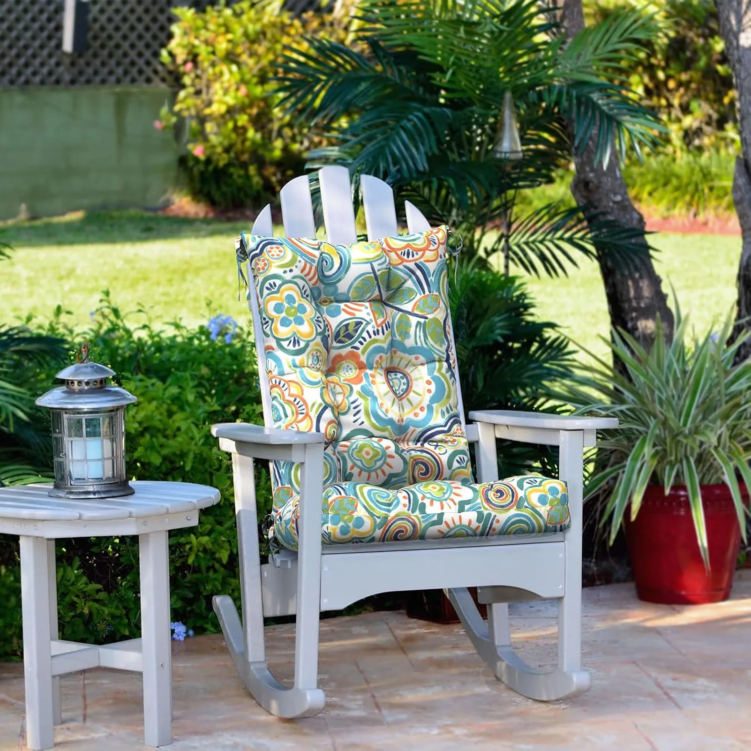 LVTXIII Outdoor/Indoor Rocking Chair Cushion Set with Thick Padding, All Weather Patio Tufted Seat and Back Cushion with Ties for Home and Garden Rocker, 38x17x3, 2 Count, Flower Blue