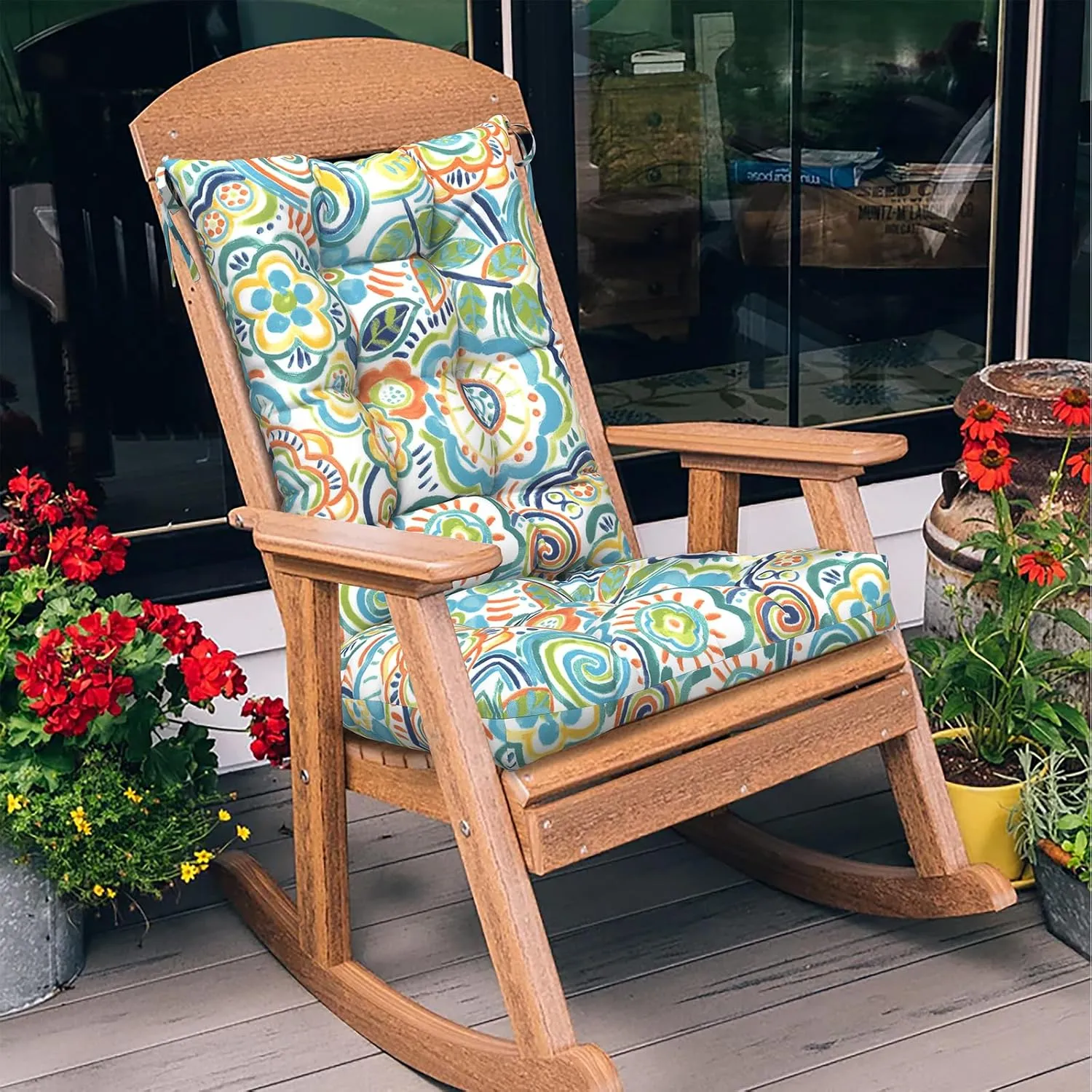 LVTXIII Outdoor/Indoor Rocking Chair Cushion Set with Thick Padding, All Weather Patio Tufted Seat and Back Cushion with Ties for Home and Garden Rocker, 38x17x3, 2 Count, Flower Blue
